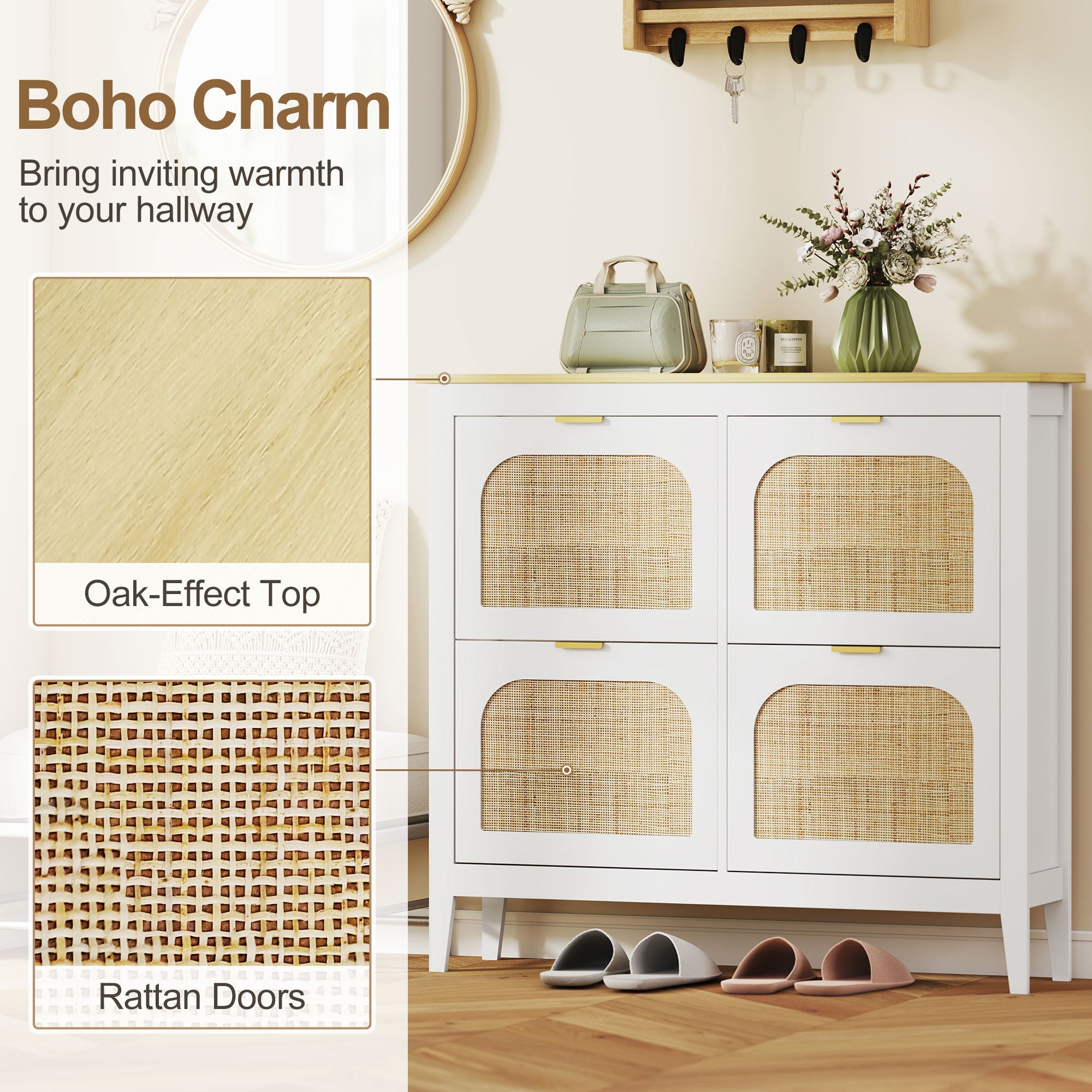 Shoe Storage Cabinet with 4 Flip Drawers, Boho Slim Shoe Cabinet with Rattan Doors for Entryway, Hallway, Holds 20 Pairs, White