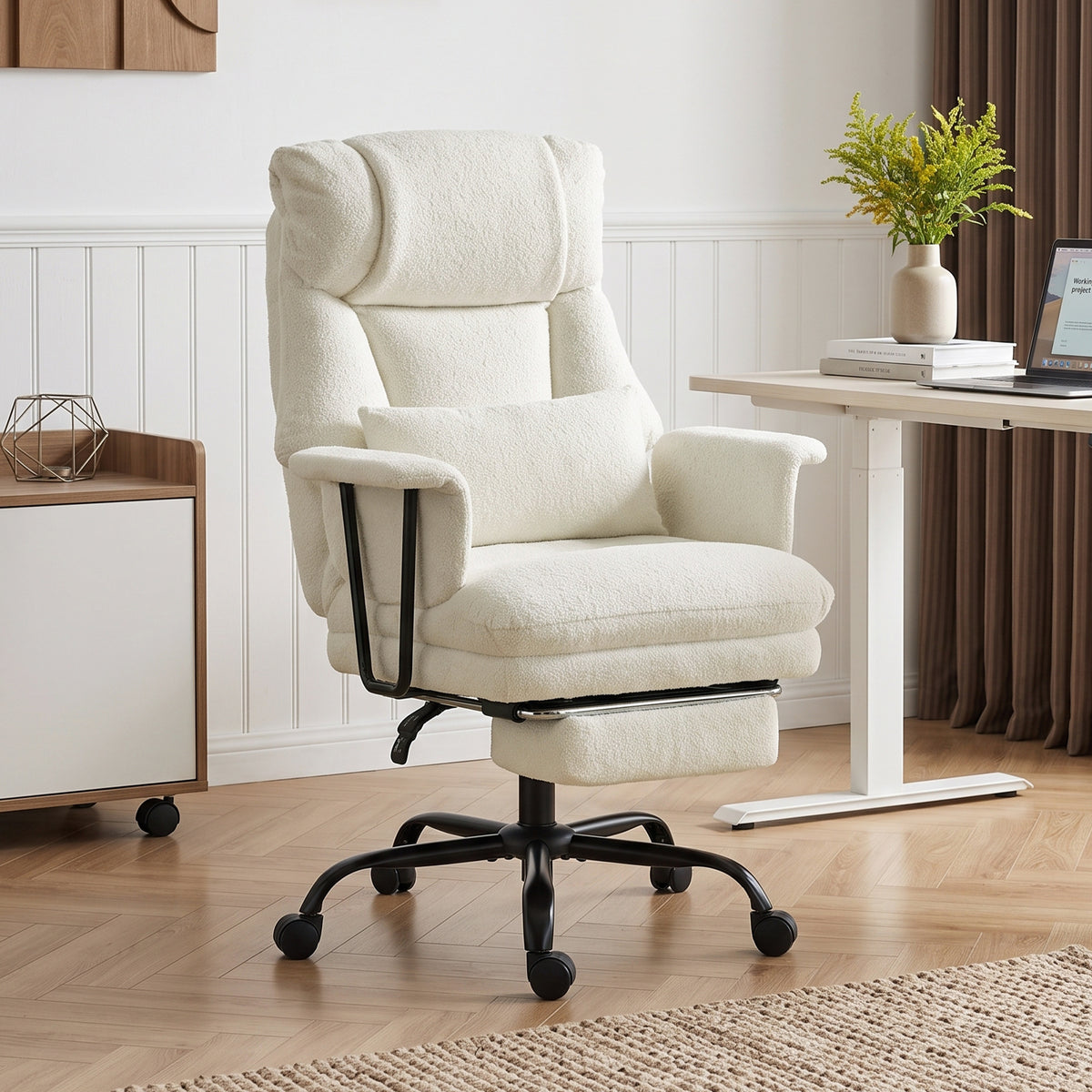Office Chair, 400 lbs Heavy Duty Raindrop Velvet Computer Desk Chair with Lumbar Support, Wide Seat, Spring Cushion, Reclining Backrest, Footrest, Swivel Wheels, Cream White