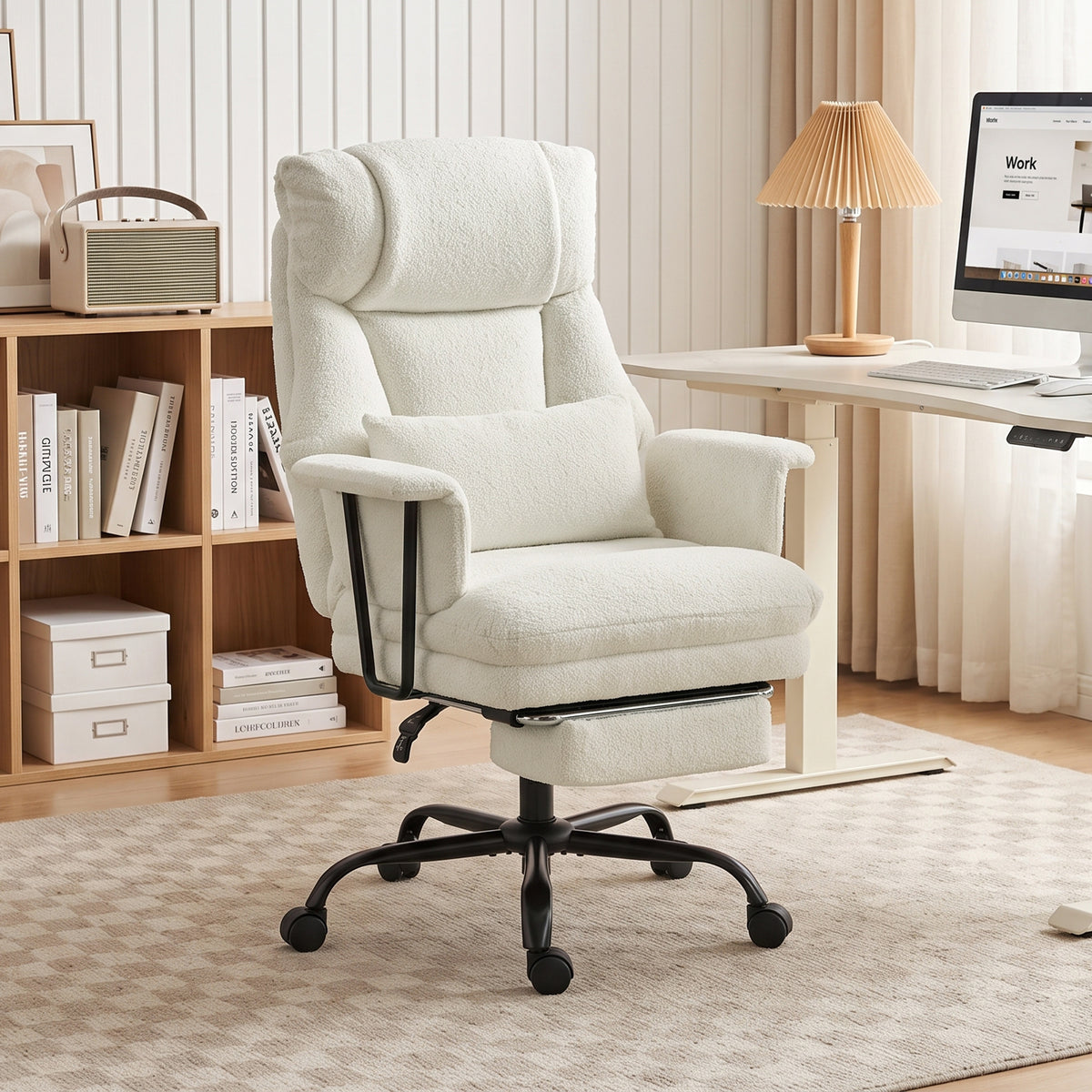 Office Chair, 400 lbs Heavy Duty Raindrop Velvet Computer Desk Chair with Lumbar Support, Wide Seat, Spring Cushion, Reclining Backrest, Footrest, Swivel Wheels, Cream White