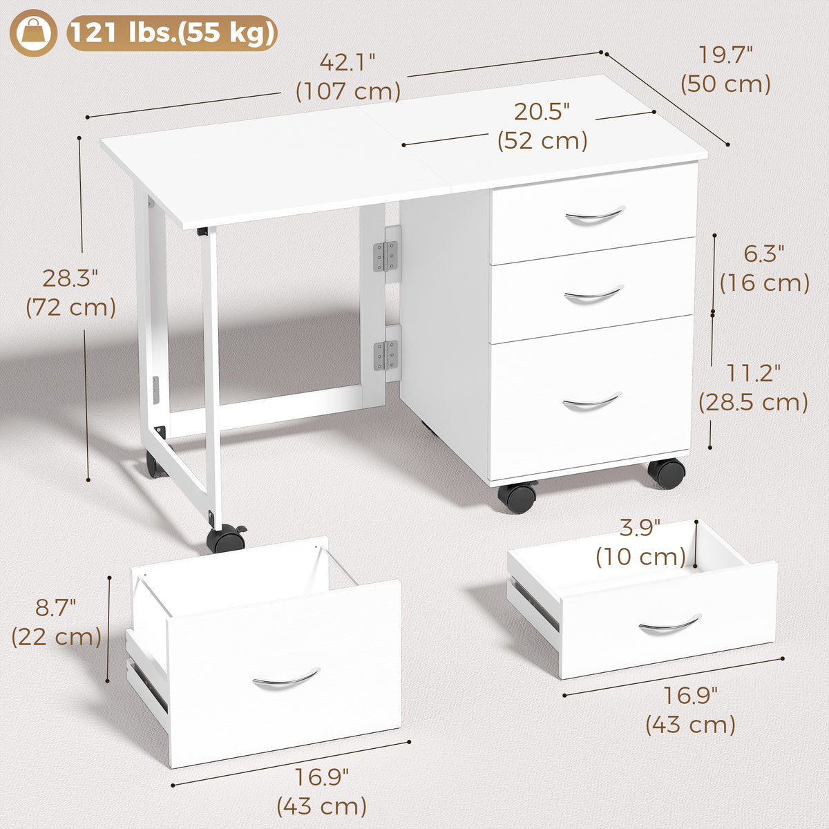 Foldable Computer Desk with 3 Drawers, Mobile Home Office Computer Table with 4 Lockable Wheels, Hanging Bars, Space Saving for Study, Home Office, White Wood Grain