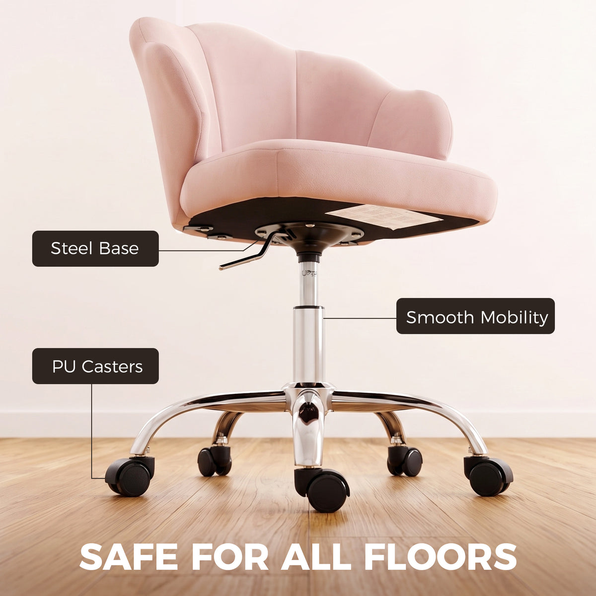 Petal Office Chair with Swivel Wheels, Task Desk Chair with Wide Seat, Velvet, Adjustable Height, Rocking, for Home Office or Makeup Vanity, Pink