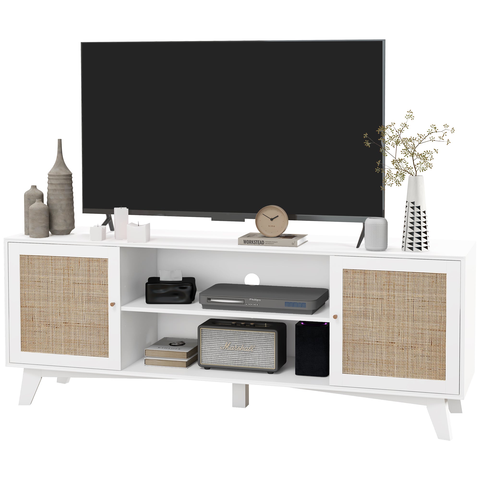 TV Stand Cabinet for 65 Inch TV Table with 2 Rattan Doors Television Stand