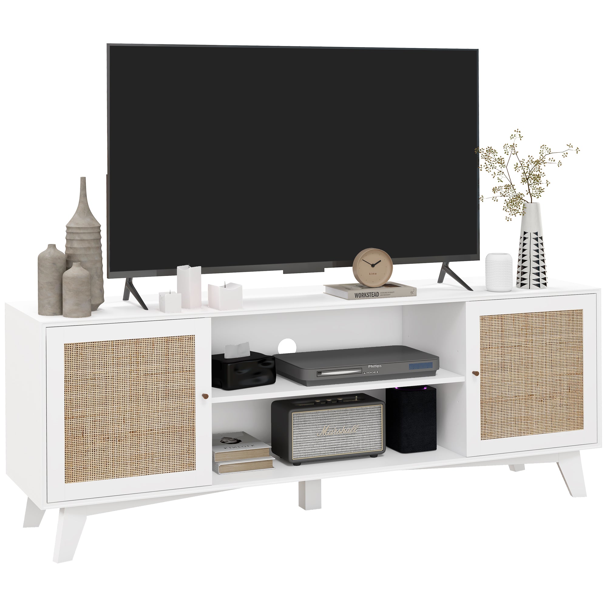 TV Stand Cabinet for 65 Inch TV Table with 2 Rattan Doors Television Stand