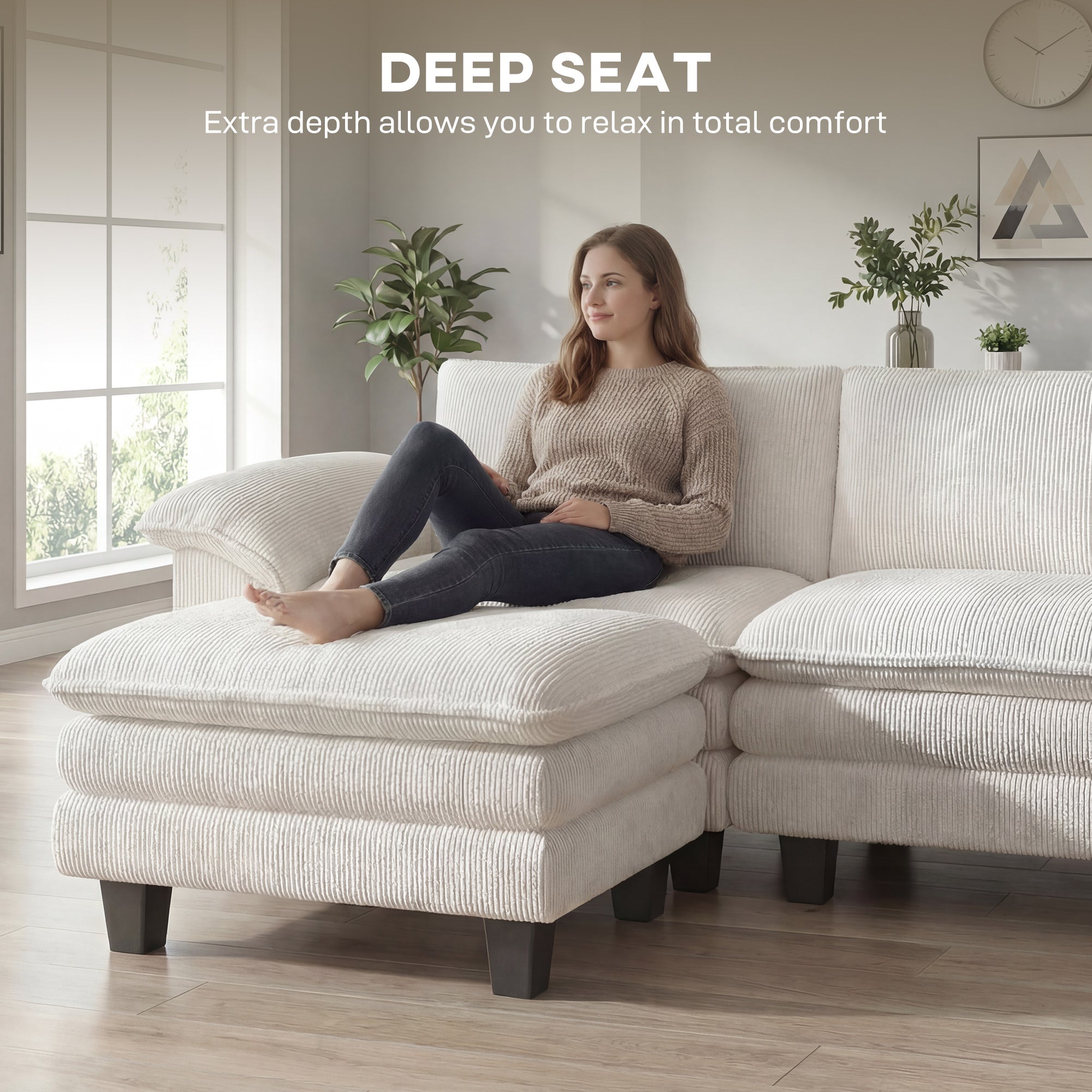 124" Sectional Sofa, L Shaped Couch with Deep Seat, Movable Ottoman and Pillow-top Armrests, Corduroy 3 Seat Sectional Couch for Living Room, 2200lb Capacity, Beige