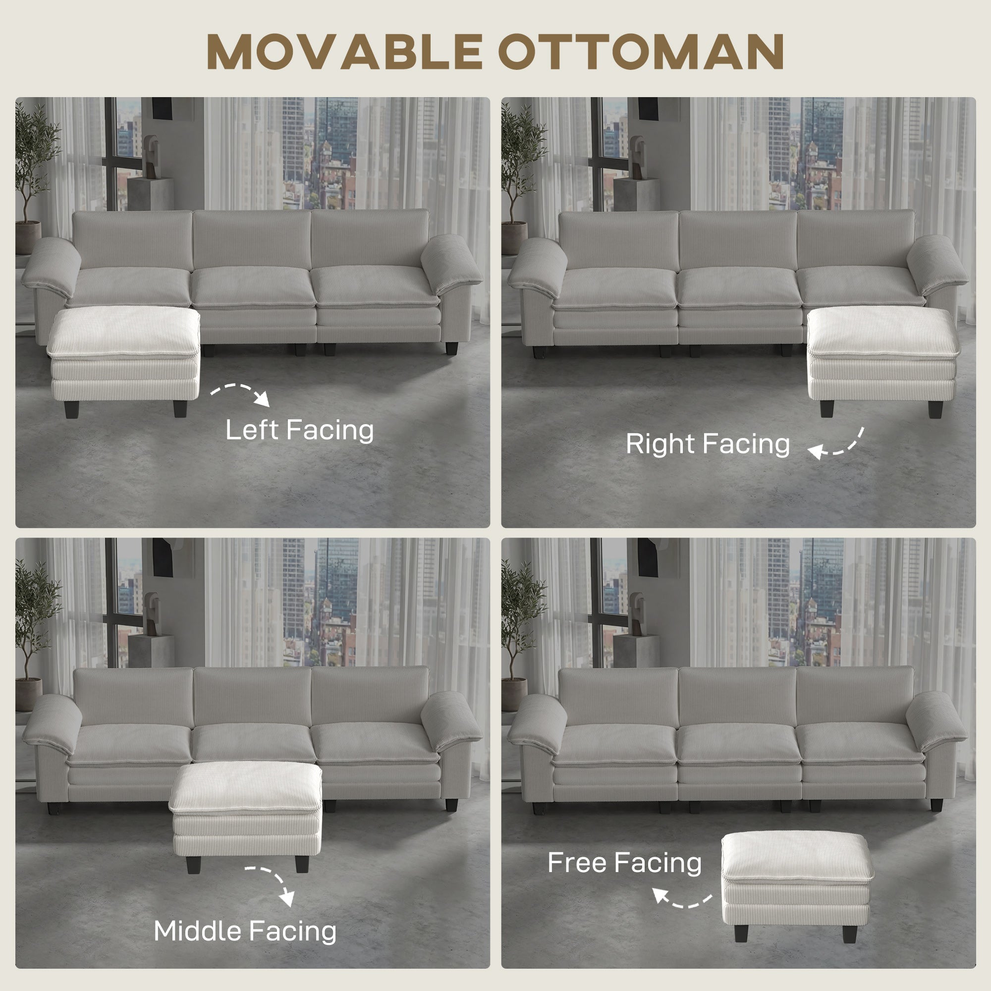 124" Sectional Sofa, L Shaped Couch with Deep Seat, Movable Ottoman and Pillow-top Armrests, Corduroy 3 Seat Sectional Couch for Living Room, 2200lb Capacity, Beige