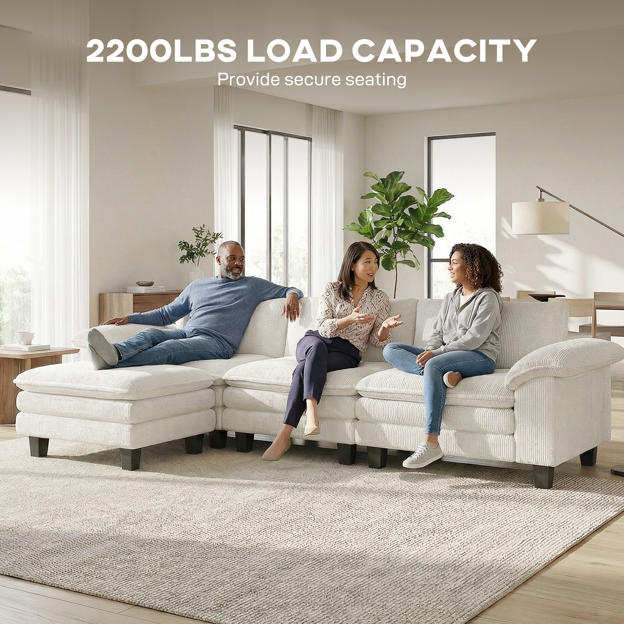 124" Sectional Sofa, L Shaped Couch with Deep Seat, Movable Ottoman and Pillow-top Armrests, Corduroy 3 Seat Sectional Couch for Living Room, 2200lb Capacity, Beige