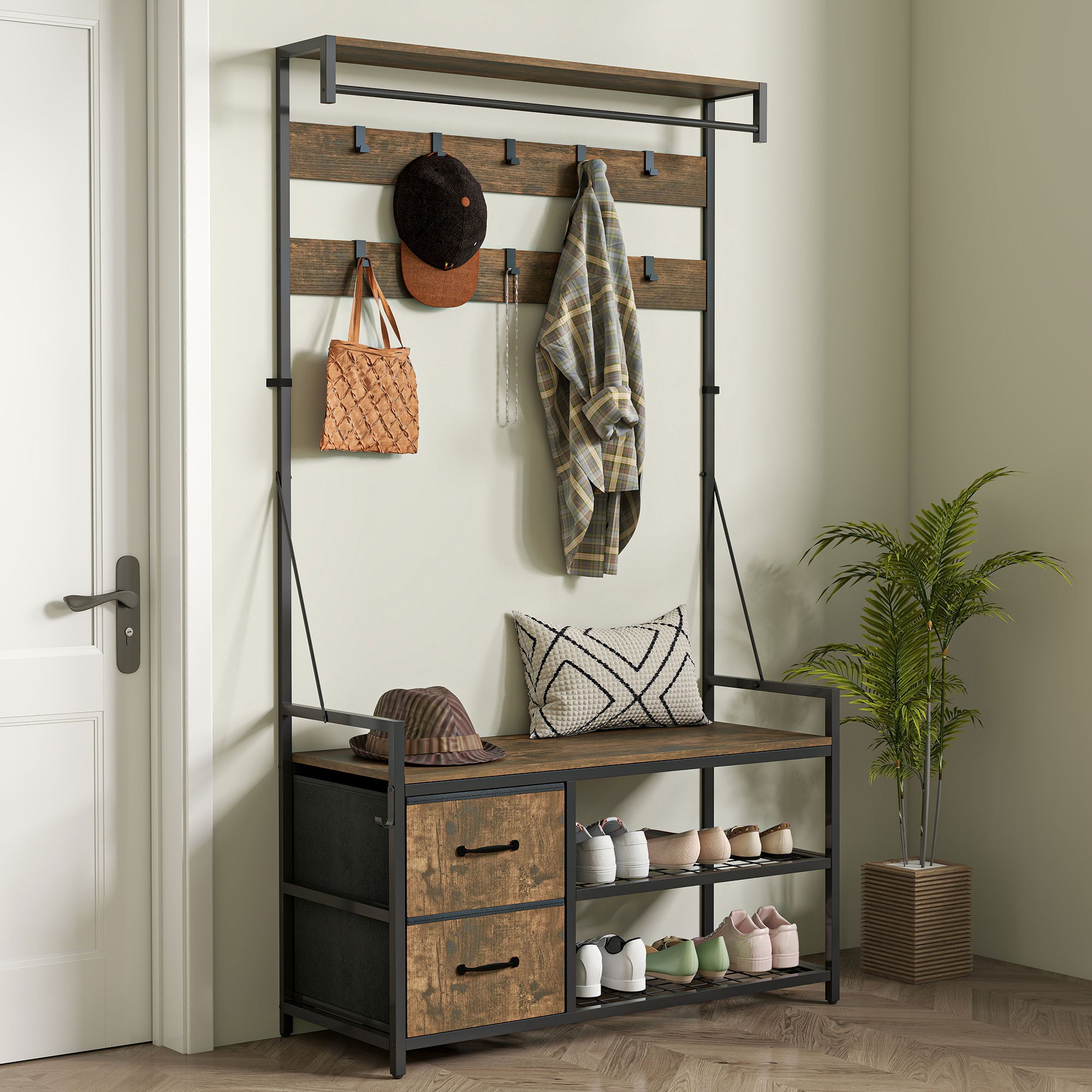 6-In-1 Hall Tree with Shoe Storage, Industrial Entryway Coat Rack Shoe Storage with 10 Adjustable Hooks, 2 Fabric Drawers and Hanging Rod for Hallway, Rustic Brown