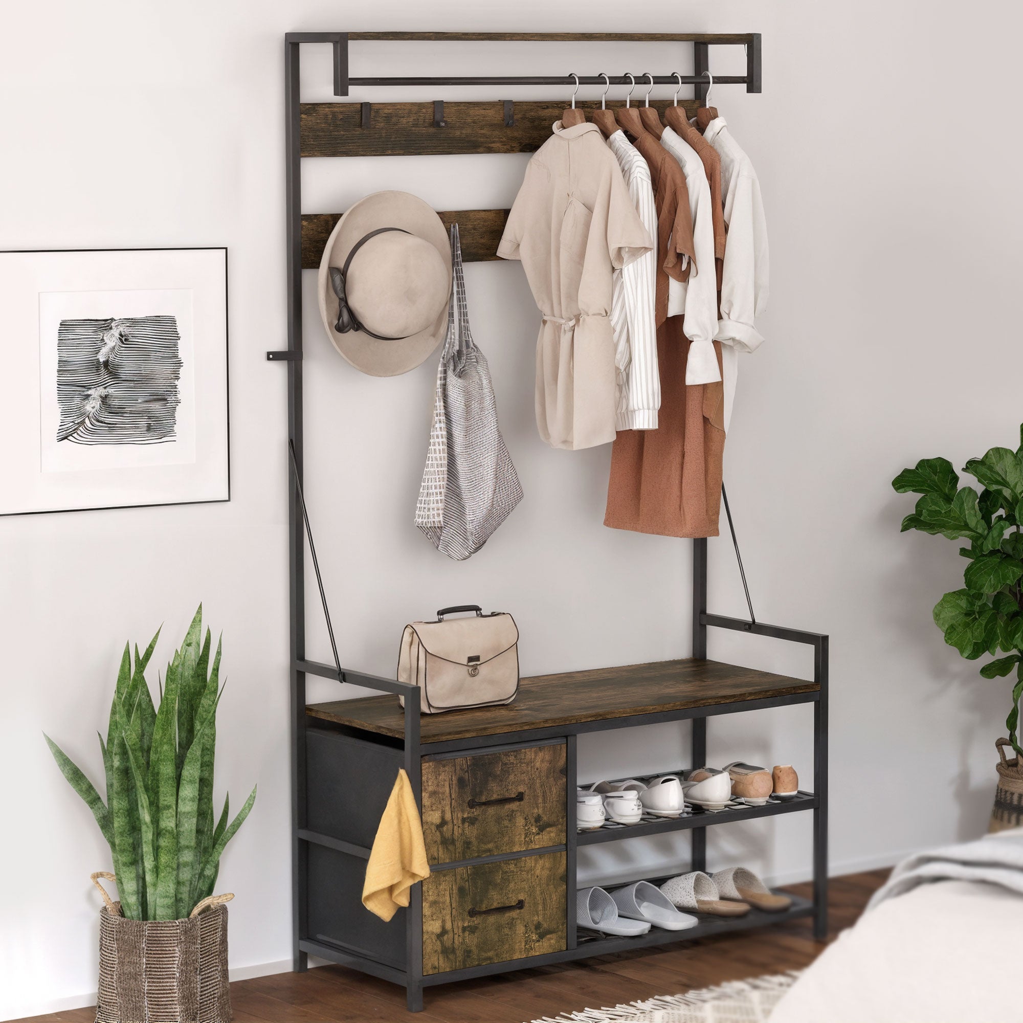 6-In-1 Hall Tree with Shoe Storage, Industrial Entryway Coat Rack Shoe Storage with 10 Adjustable Hooks, 2 Fabric Drawers and Hanging Rod for Hallway, Rustic Brown