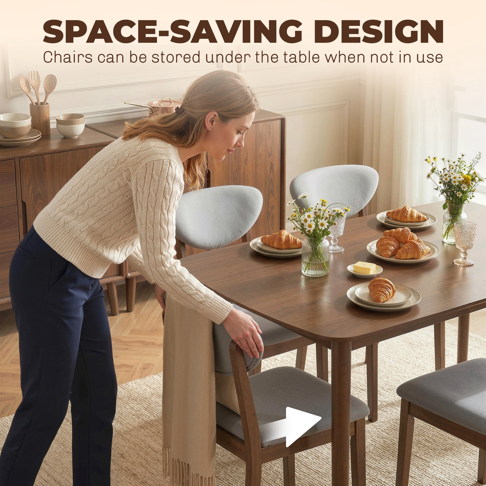 5-Piece Dining Table Set for 4, Mid-Century Modern Kitchen Table and Chairs with Padded Seats and Backrests, Solid Wood Frame for Small Space, Dining Room, Living Room, Light Gray