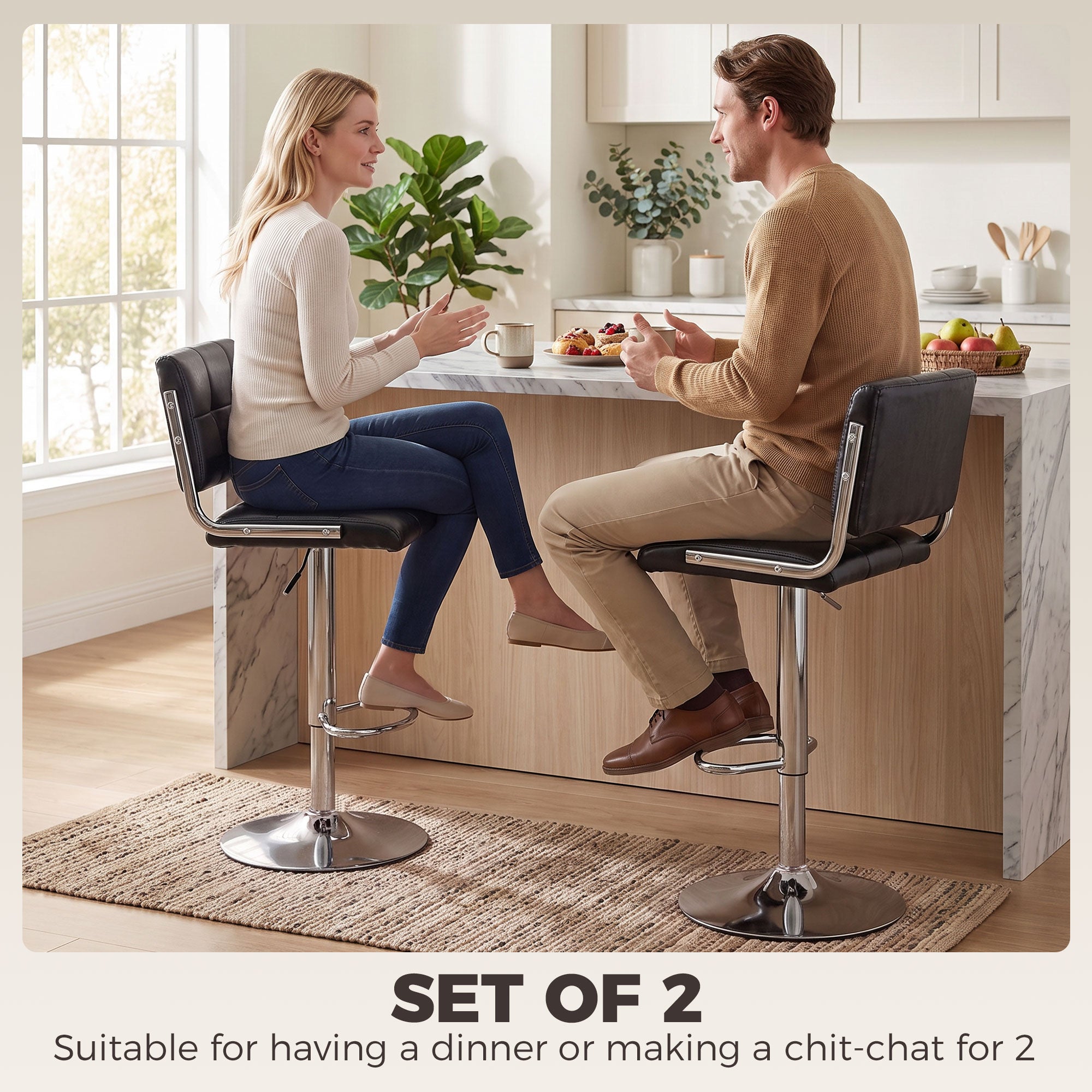 Breakfast Bar Stools Set of 2, Modern PU Leather Swivel BarStools, Adjustable Counter Height Bar Chairs with Backrest and Footrest for Kitchen Island, Dining Room, Bar, Black