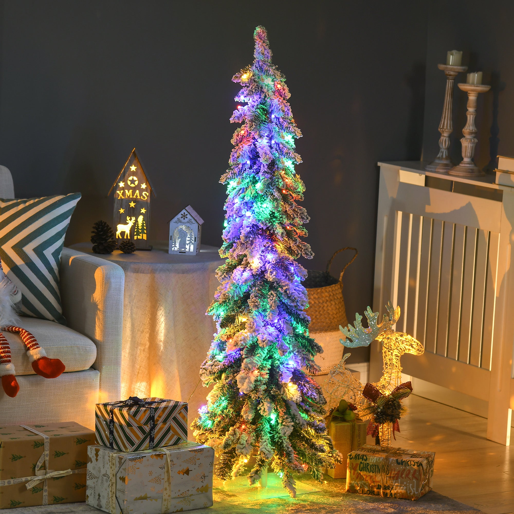 4' Artificial Slim Christmas Trees, with Snow Frosted Branches, Warm White or Colorful LED Lights, Downswept Shape