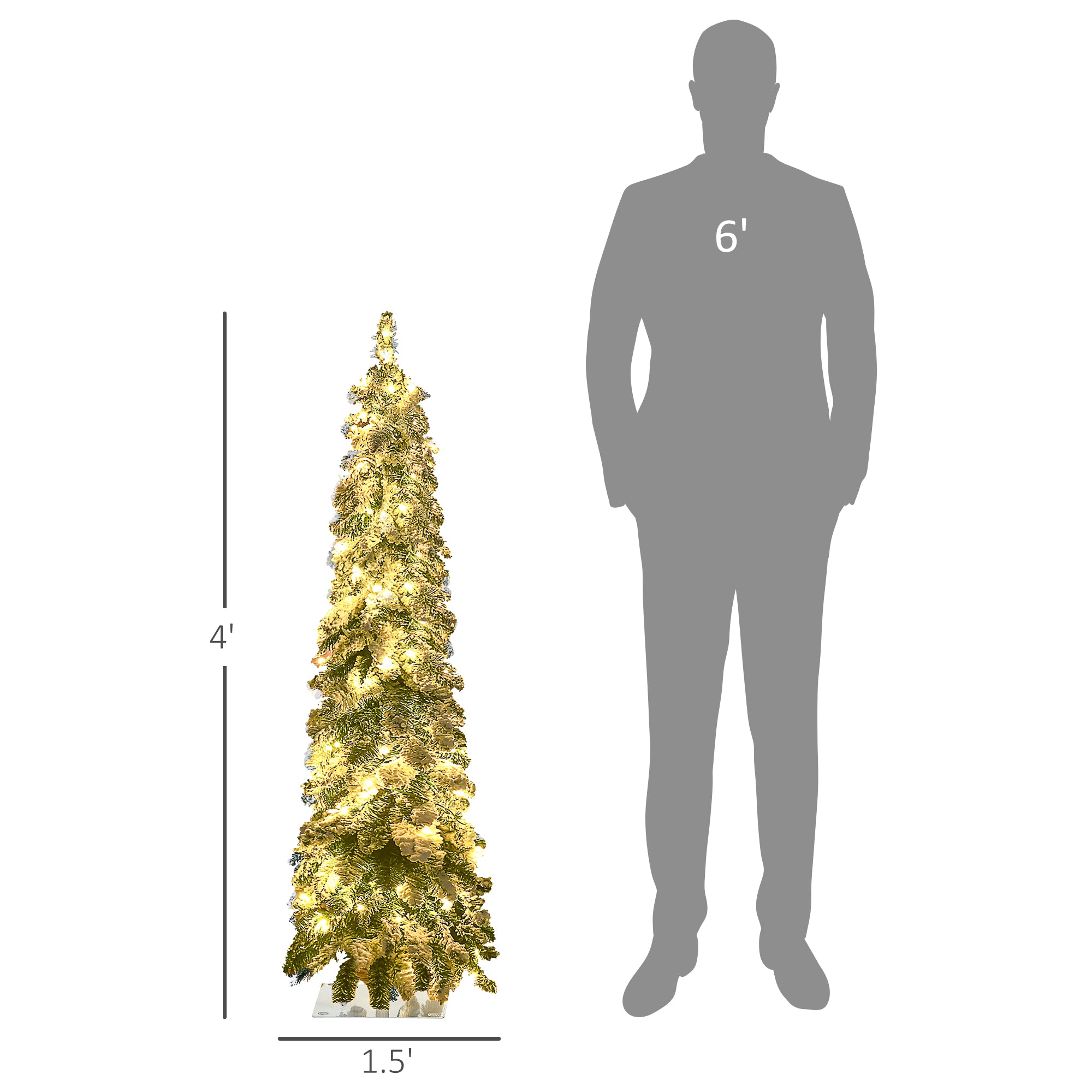 4' Artificial Slim Christmas Trees, with Snow Frosted Branches, Warm White or Colorful LED Lights, Downswept Shape