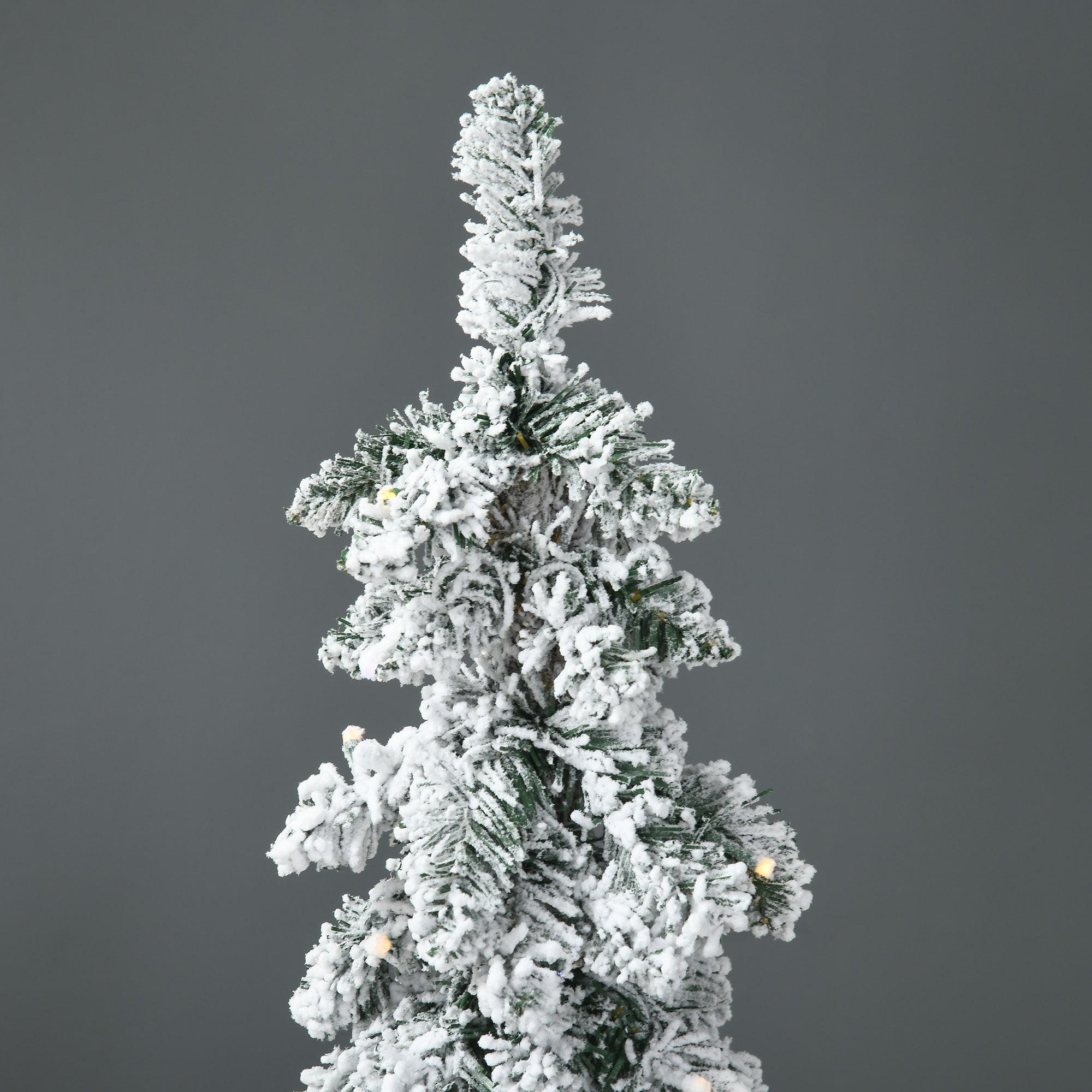 4ft Tall Prelit Pencil Artificial Christmas Tree Holiday Décor with 225 Snow Flocked Branches, 100 Warm White or Colorful LED Lights, Downswept Shape