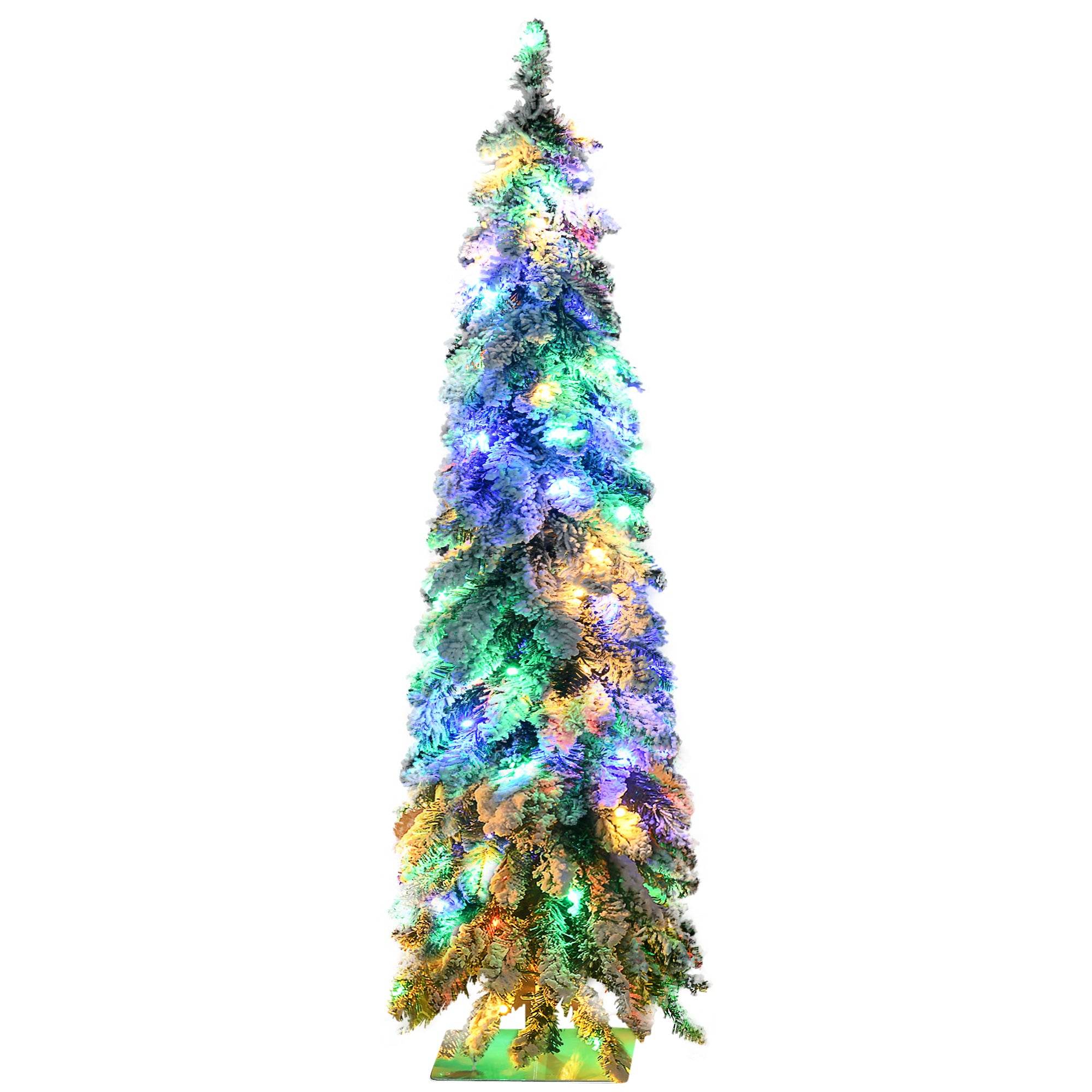 4' Artificial Slim Christmas Trees, with Snow Frosted Branches, Warm White or Colorful LED Lights, Downswept Shape