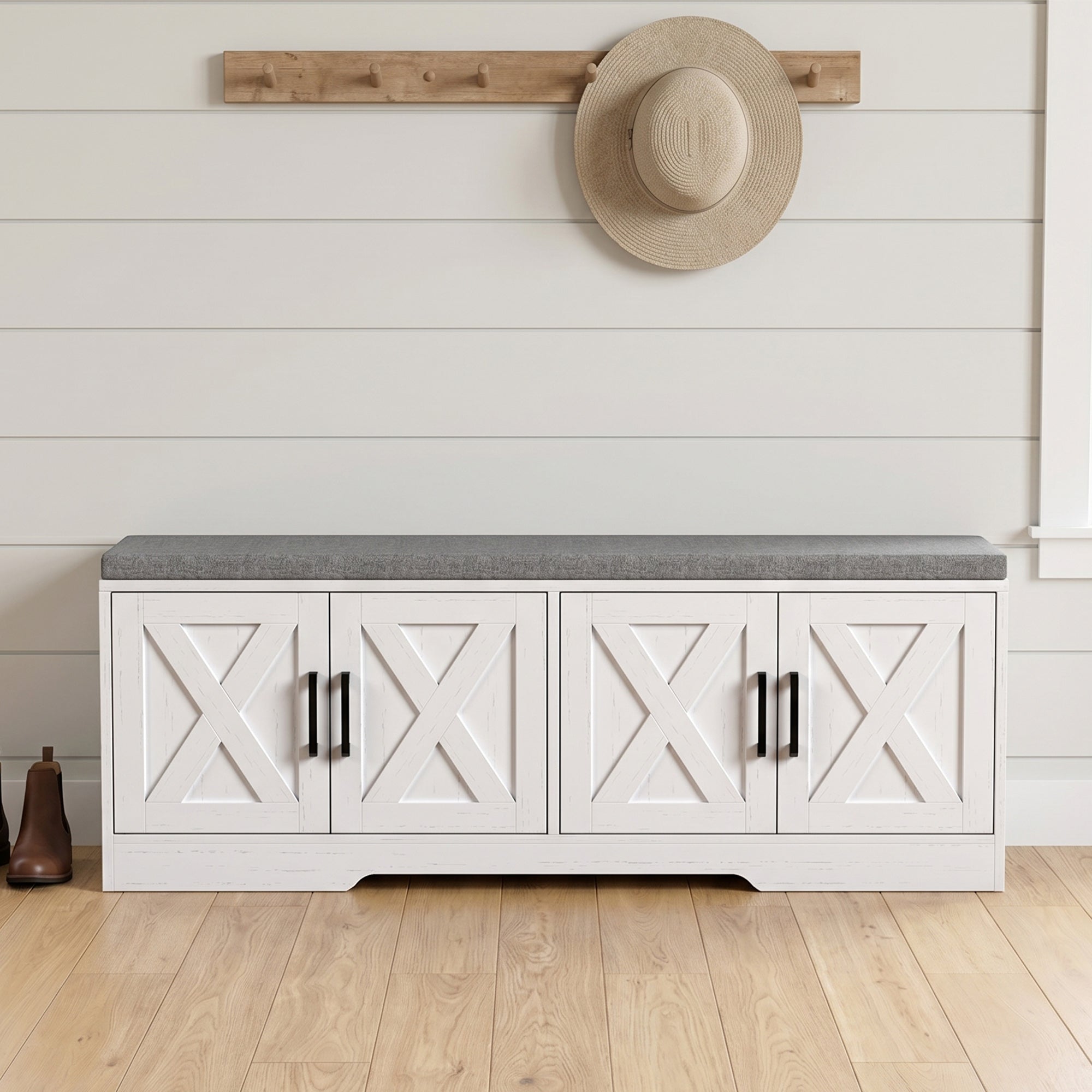 Shoe Bench with Storage, Shoe Storage Bench with 2-Tier Cabinet, Padded Seat Cushion and Adjustable Shelves, Modern Farmhouse Entryway Storage Cabinet, White