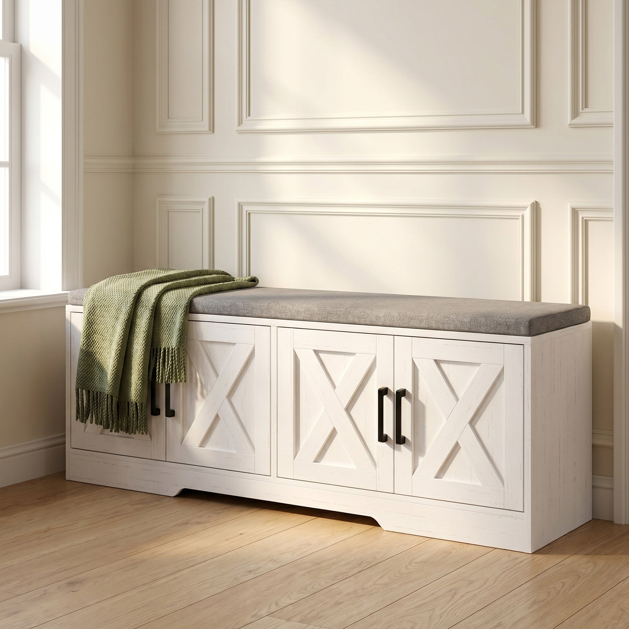 Shoe Bench with Storage, Shoe Storage Bench with 2-Tier Cabinet, Padded Seat Cushion and Adjustable Shelves, Modern Farmhouse Entryway Storage Cabinet, White