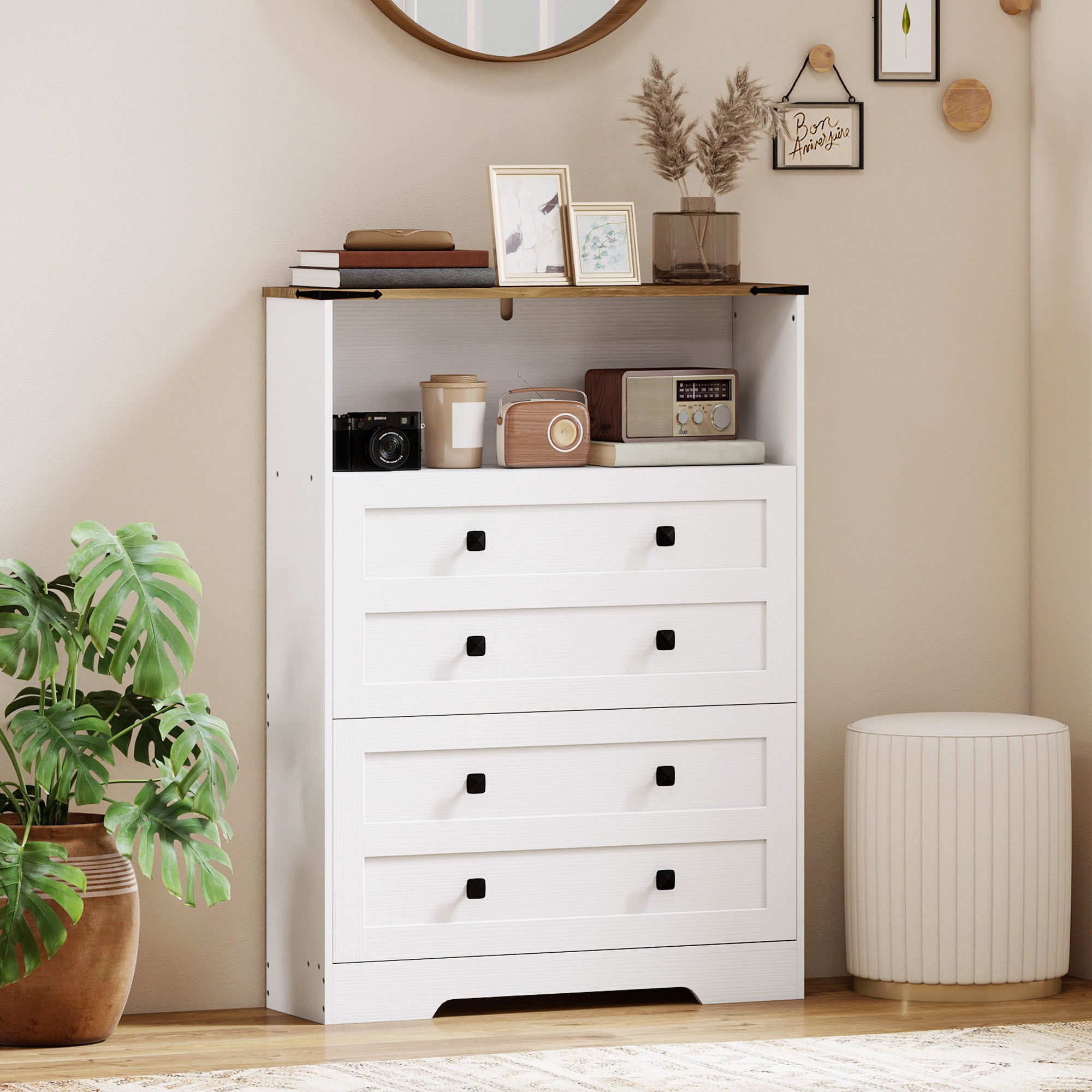 Shoe Cabinet with 2 Flip Drawers, Narrow Shoe Storage Cabinet with Adjustable Shelves and Open Shelf, Farmhouse Storage Organizer for Entryway, Hallway, Holds 12-16 Pairs, White