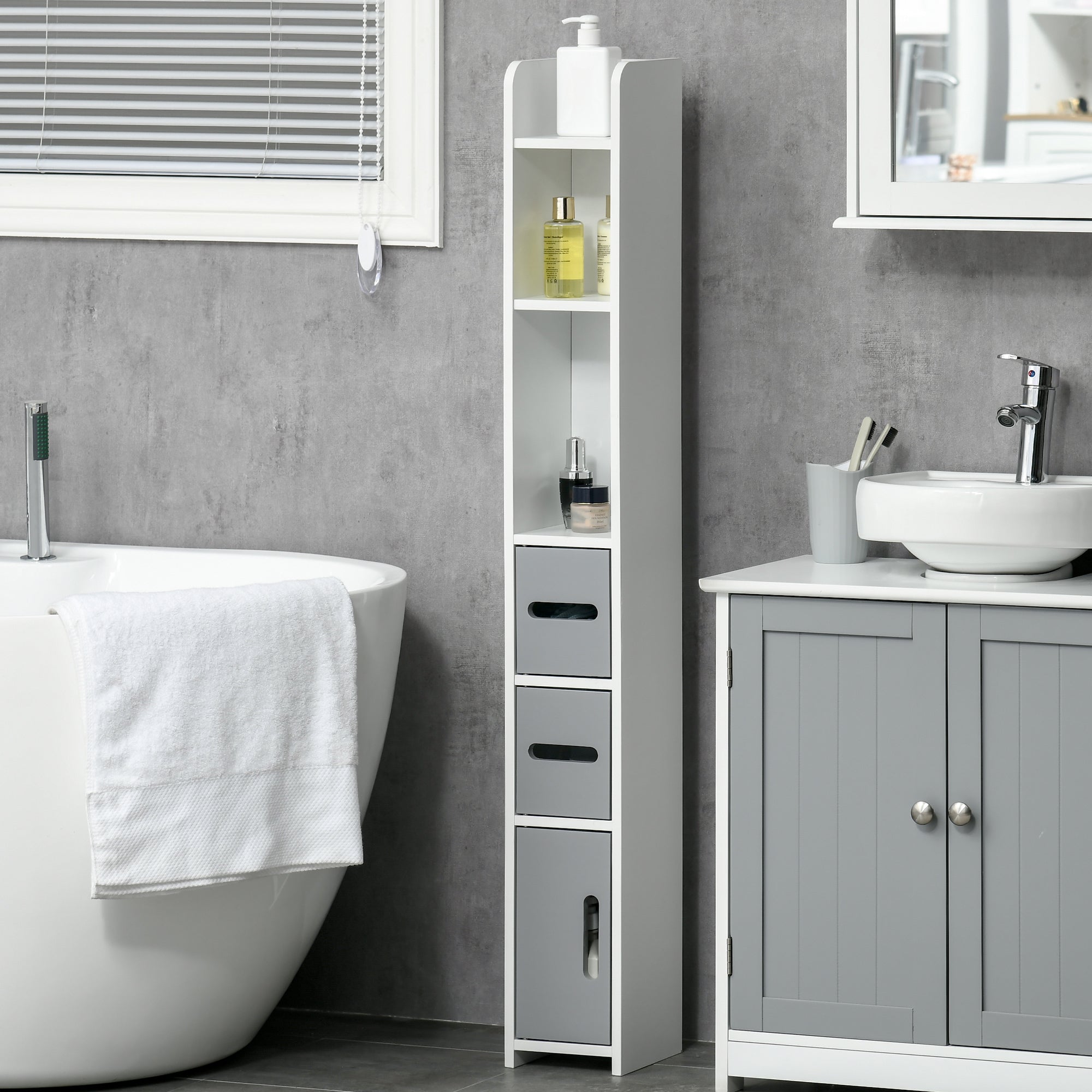 Narrow Bathroom Storage Cabinet, Freestanding Tall Bathroom Cabinet with Open Shelves and 3 Cupboards with Door for Bathroom, Grey and White
