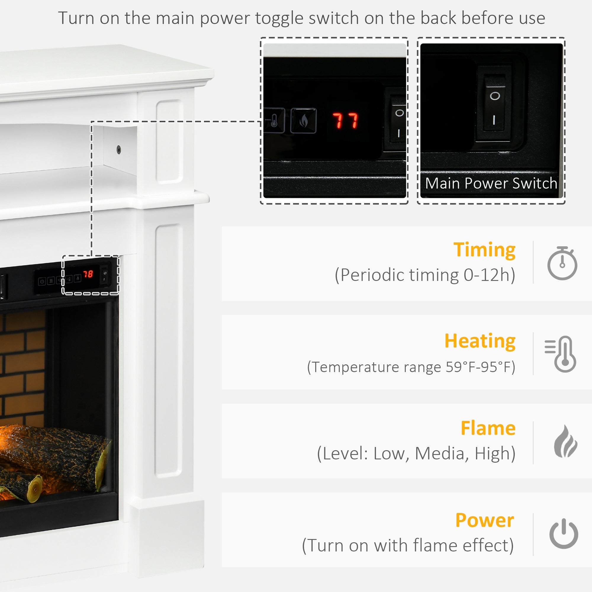 HOMCOM 32" Electric Fireplace Heater with Mantel, Freestanding Fireplace Stove with Log Hearth, Adjustable Realistic Flame and Remote Control, 700W/1400W, White