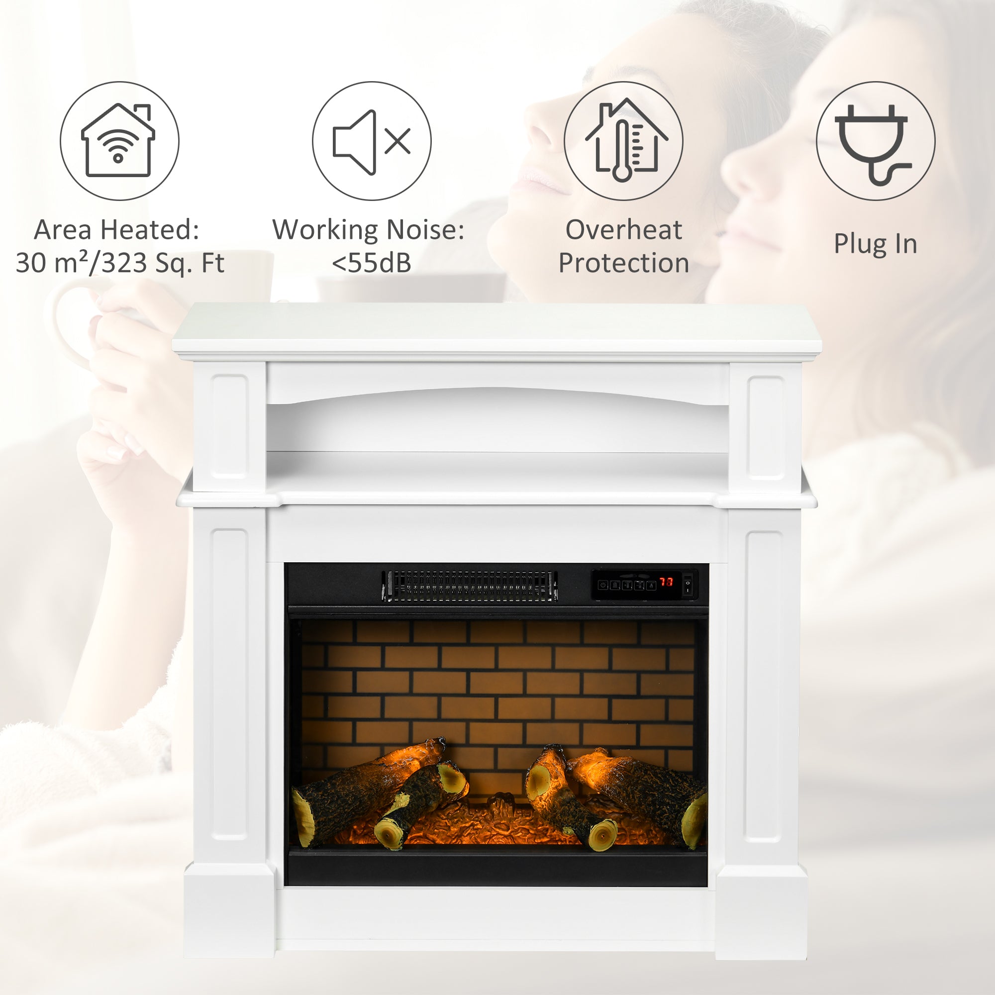 HOMCOM 32" Electric Fireplace Heater with Mantel, Freestanding Fireplace Stove with Log Hearth, Adjustable Realistic Flame and Remote Control, 700W/1400W, White