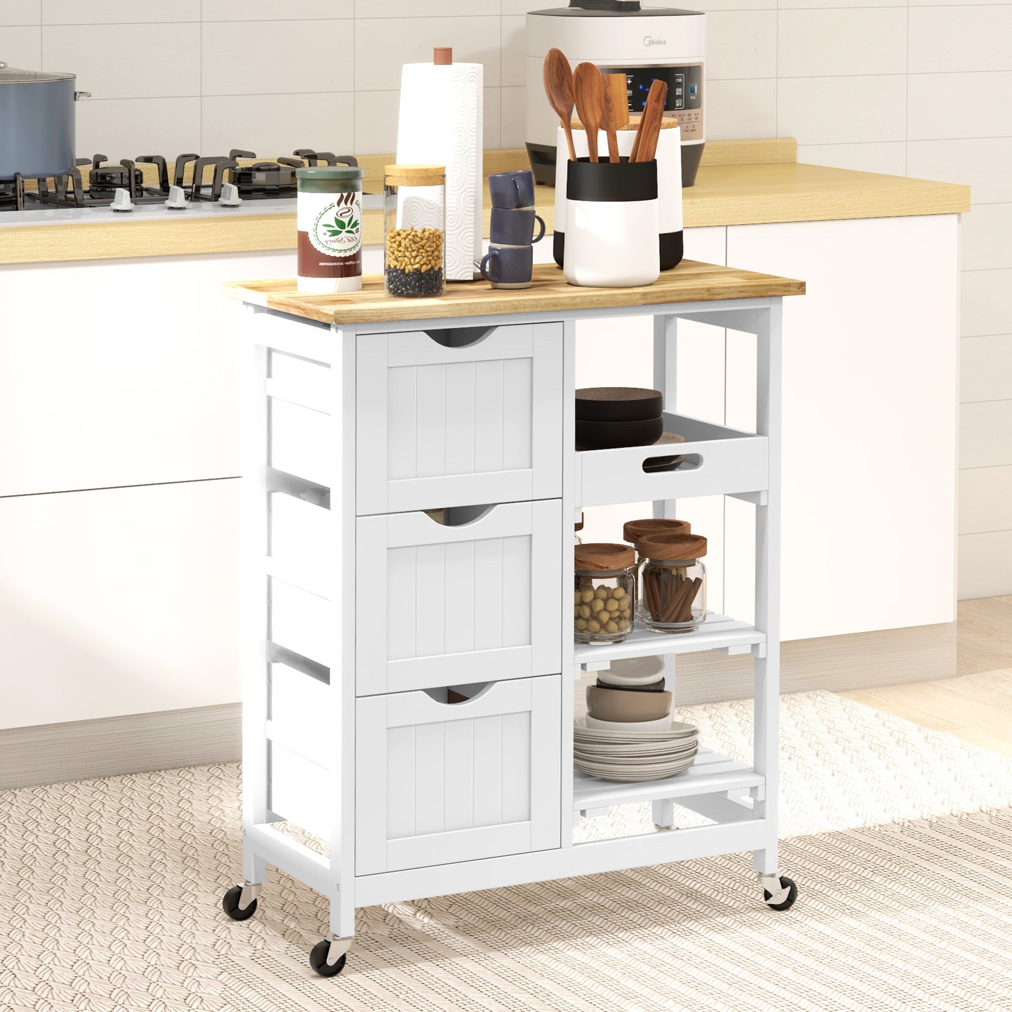 Rolling Kitchen Cart, Kitchen Island with Wood Top, Shelves & Drawers for Dining Area, White