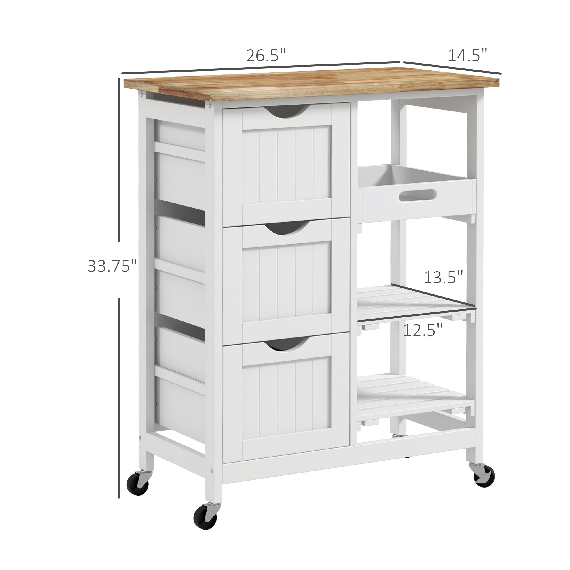 Rolling Kitchen Cart, Kitchen Island with Wood Top, Shelves & Drawers for Dining Area, White