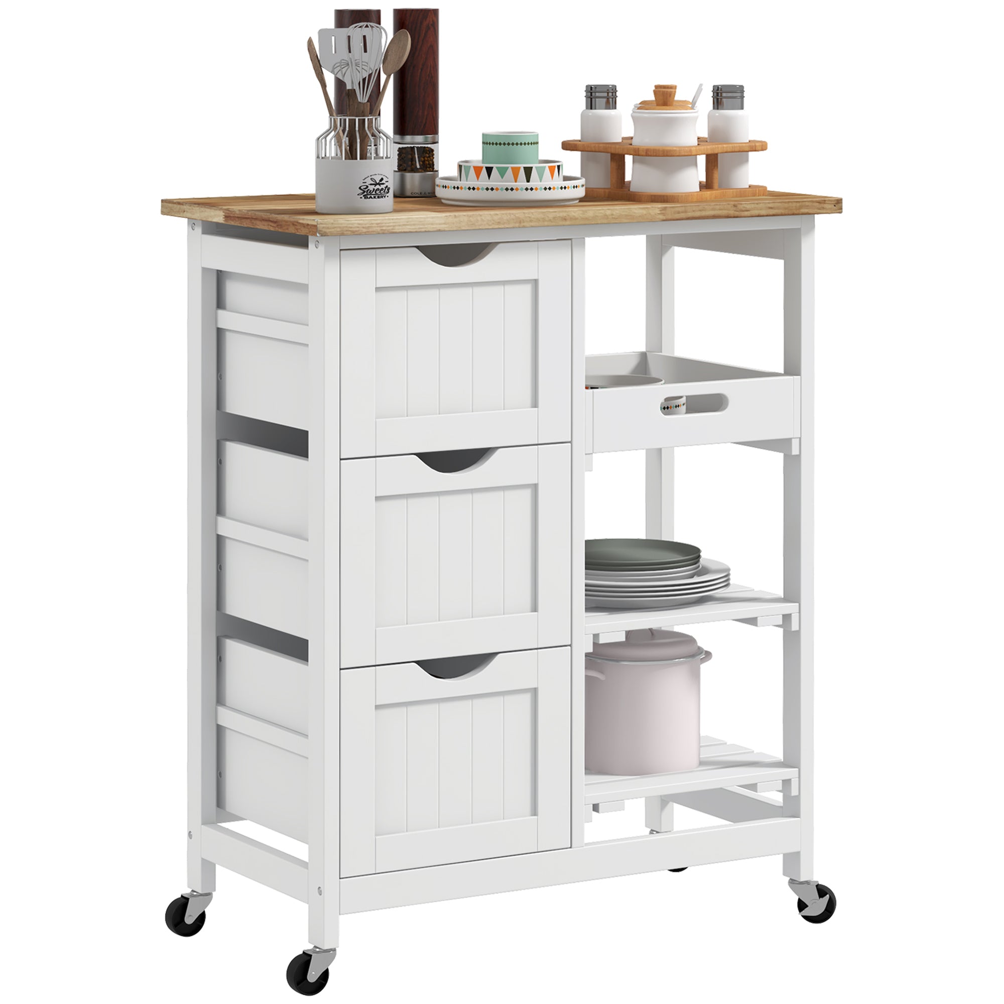 Rolling Kitchen Cart, Kitchen Island with Wood Top, Shelves & Drawers for Dining Area, White