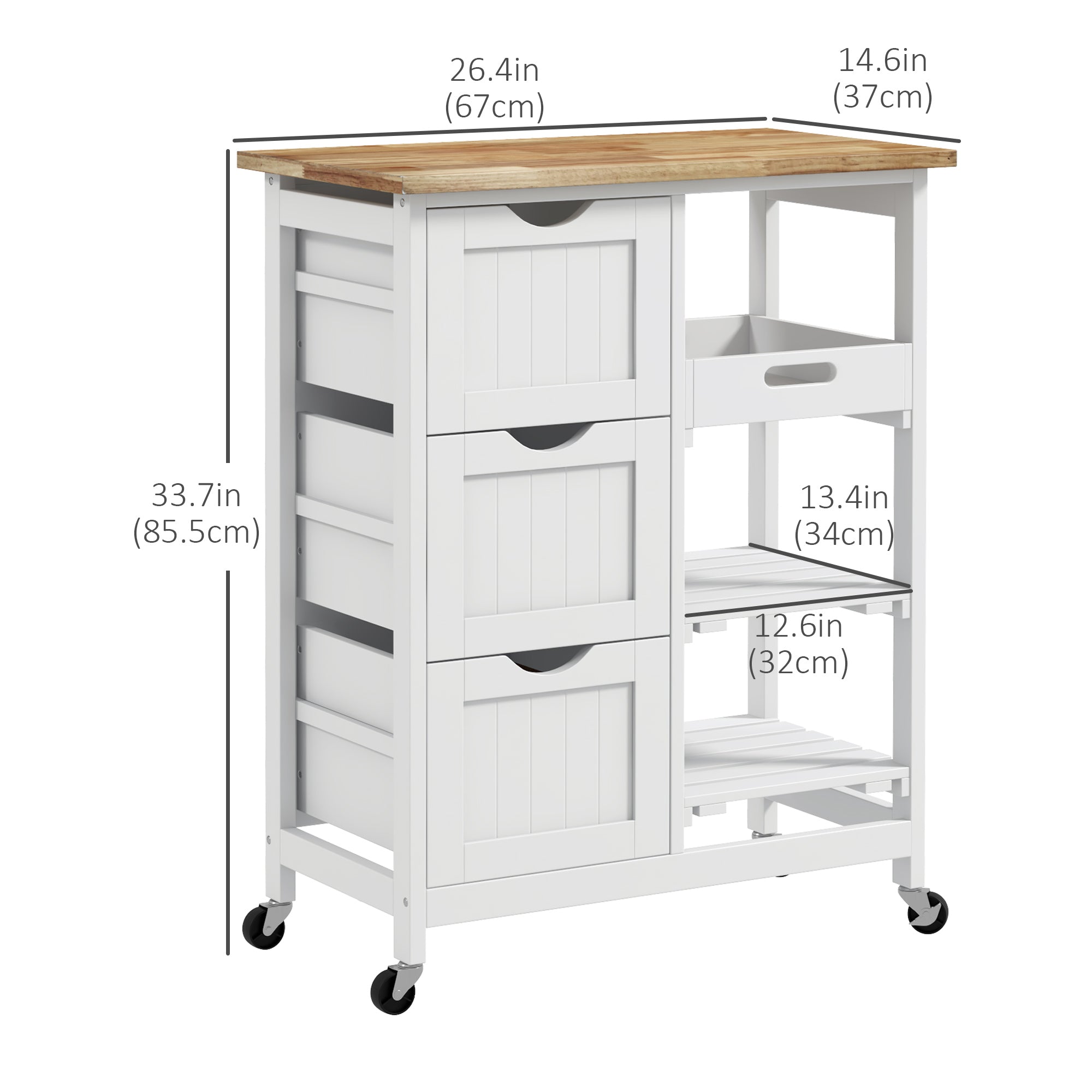 HOMCOM Rolling Kitchen Island Cart, Bar Serving Cart, Compact Trolley on Wheels with Wood Top, Shelves and Drawers, White