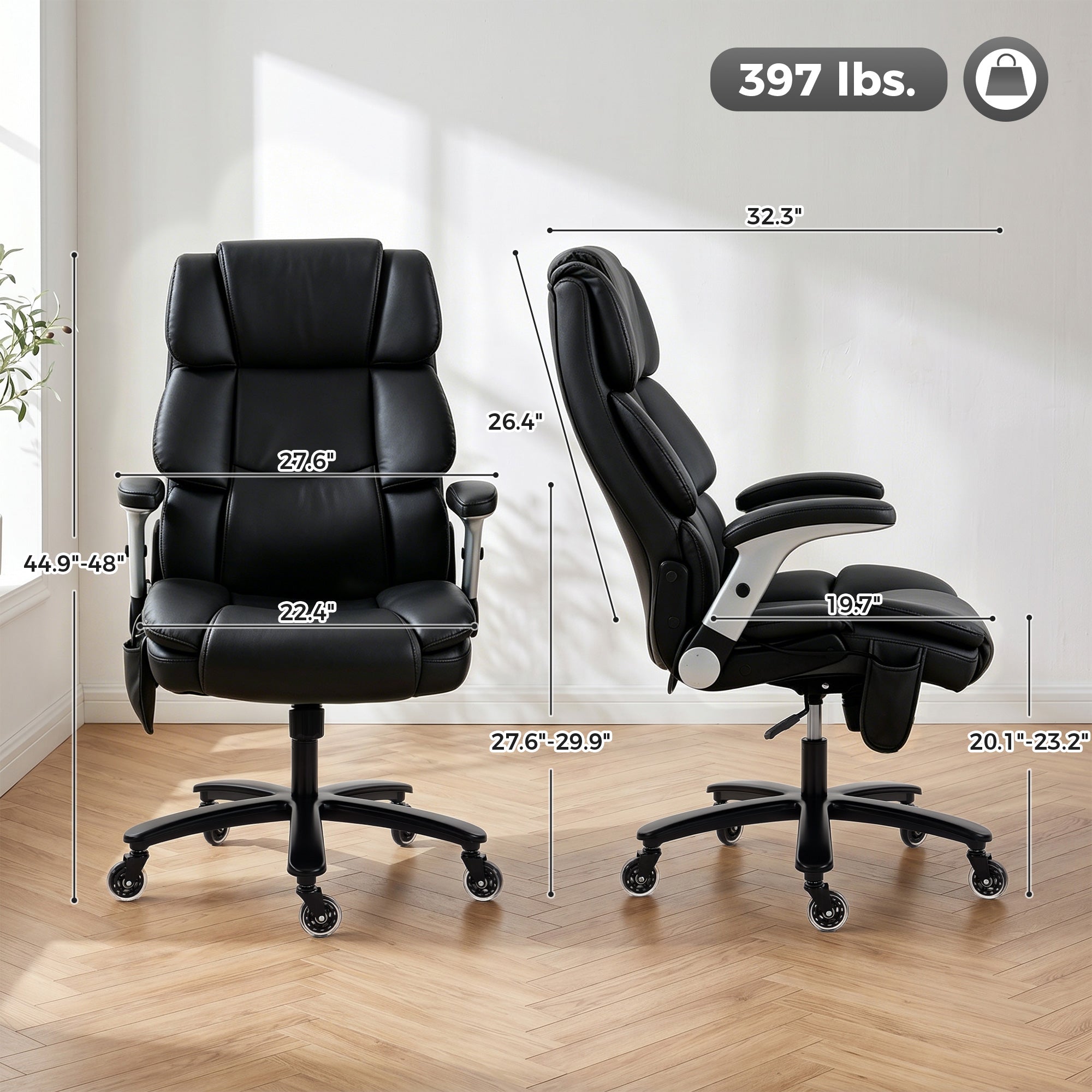 Heavy Duty Office Chair 400LBS with Airbag Lumbar Support, Pet-Friendly Fabric, Big and Tall Desk Chair with Flip-Up Armrests, Pocket Springs, Class 4 Gas Cylinder, Wide Seat, Black