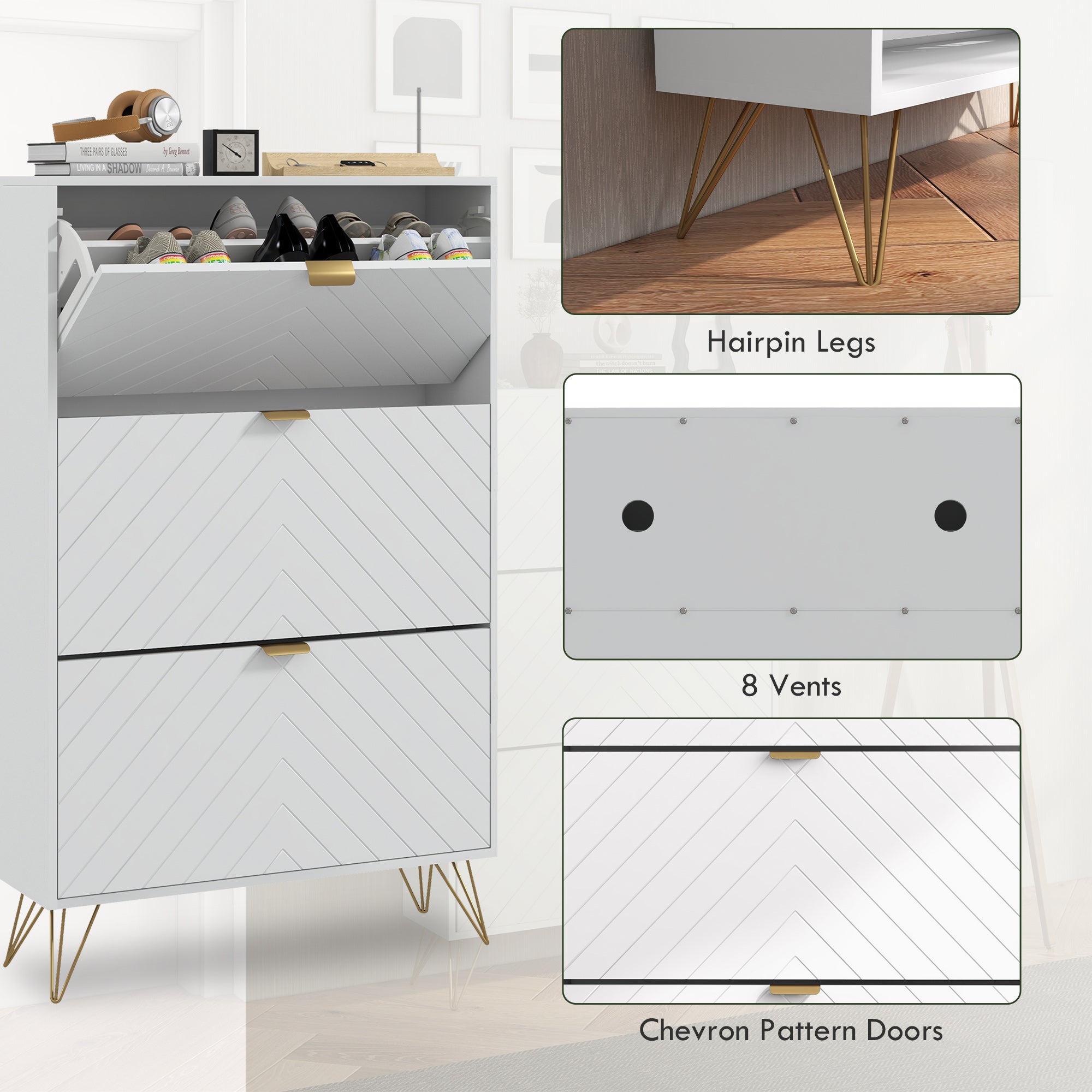 HOMCOM Narrow Shoe Cabinet with 3 Flip Drawers, Slim Shoe Storage Cabinet with Adjustable Shelves, Hairpin Legs and 8 Vents for 18 Pairs of Shoes for Entryway, White