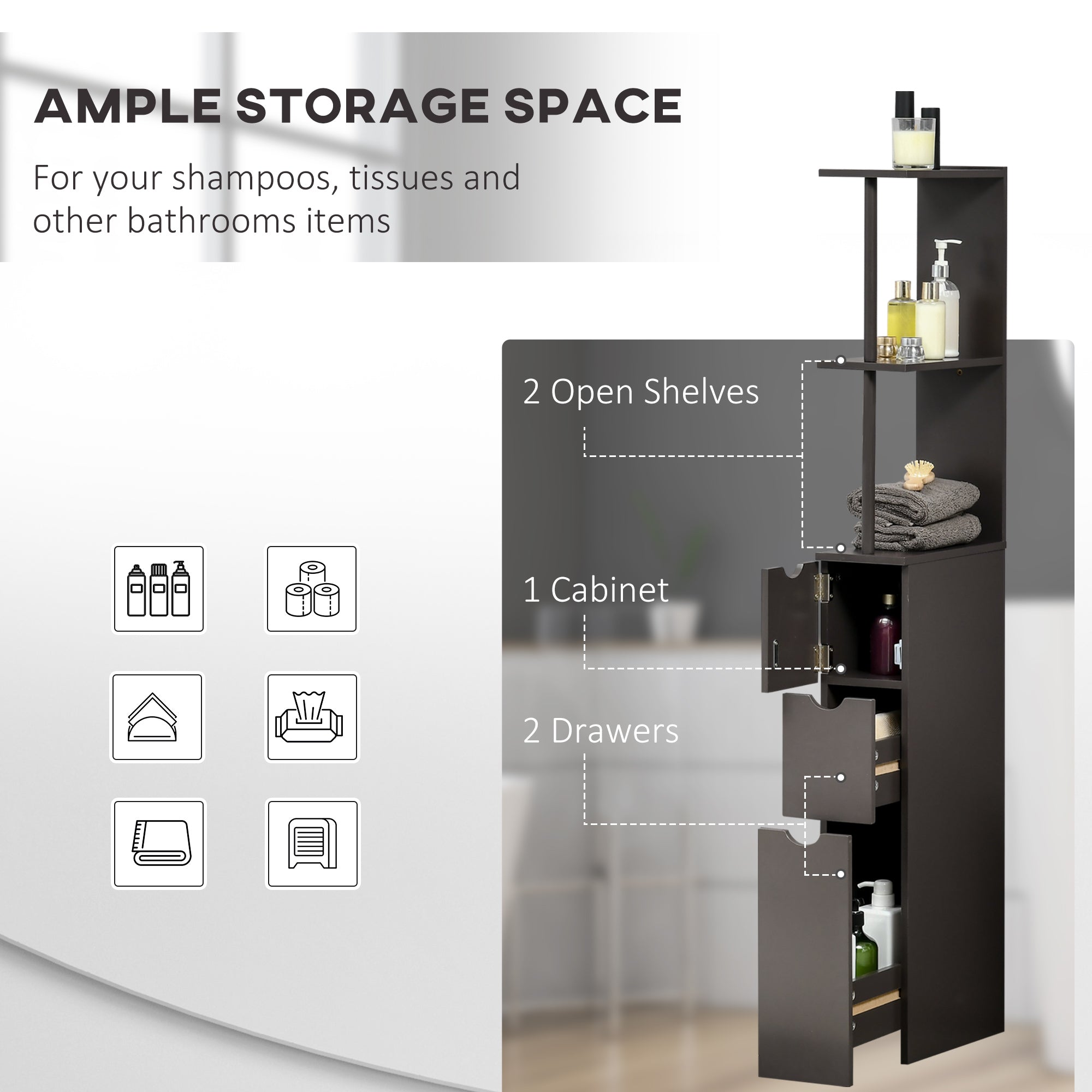 54" Tall Bathroom Storage Cabinet Freestanding Linen Tower with 2 Tier Shelf and Drawers Brown