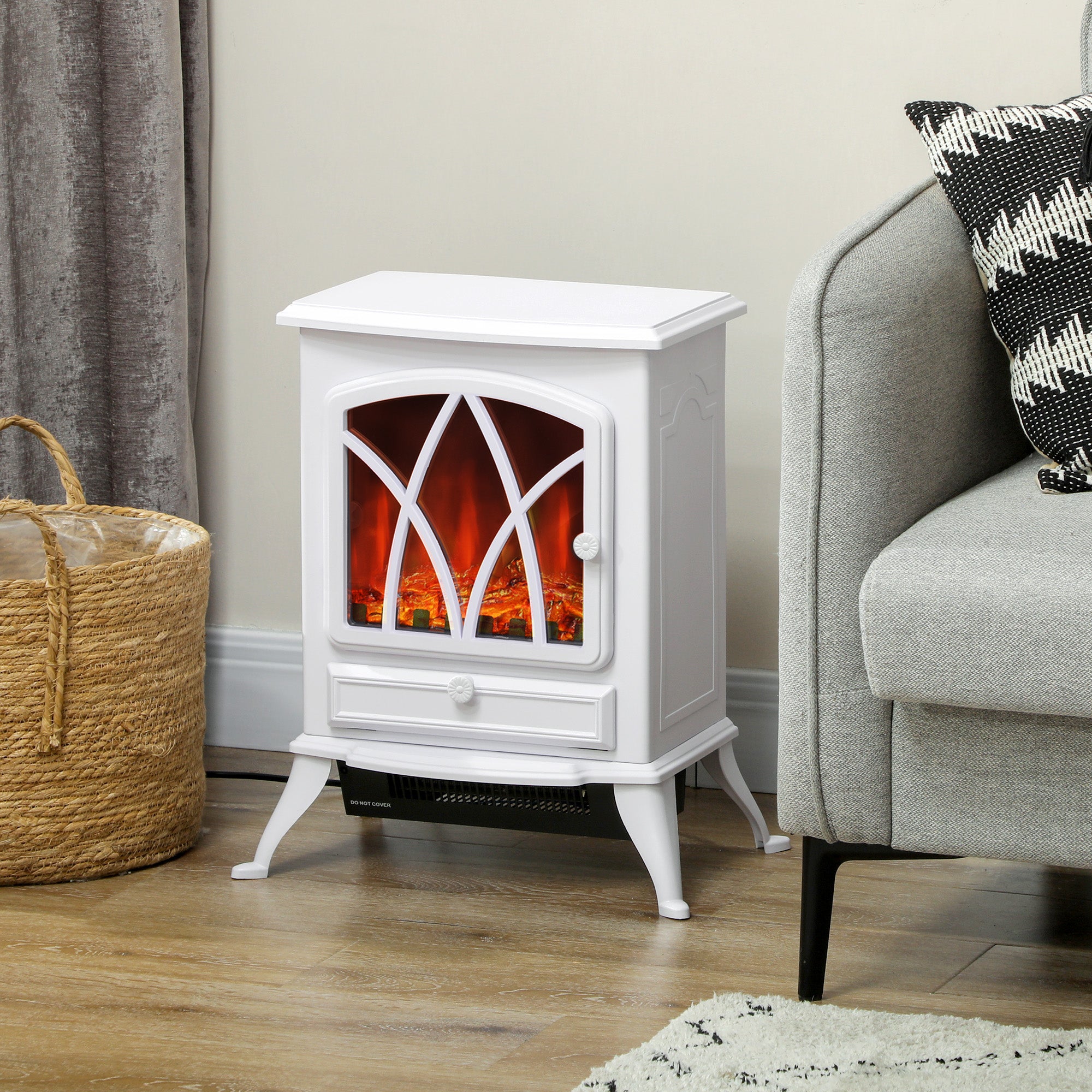 HOMCOM Electric Stove Heater with Realistic Flame Effect, 2000W Portable Indoor Freestanding Electric Fireplace with Adjustable Thermostat, White