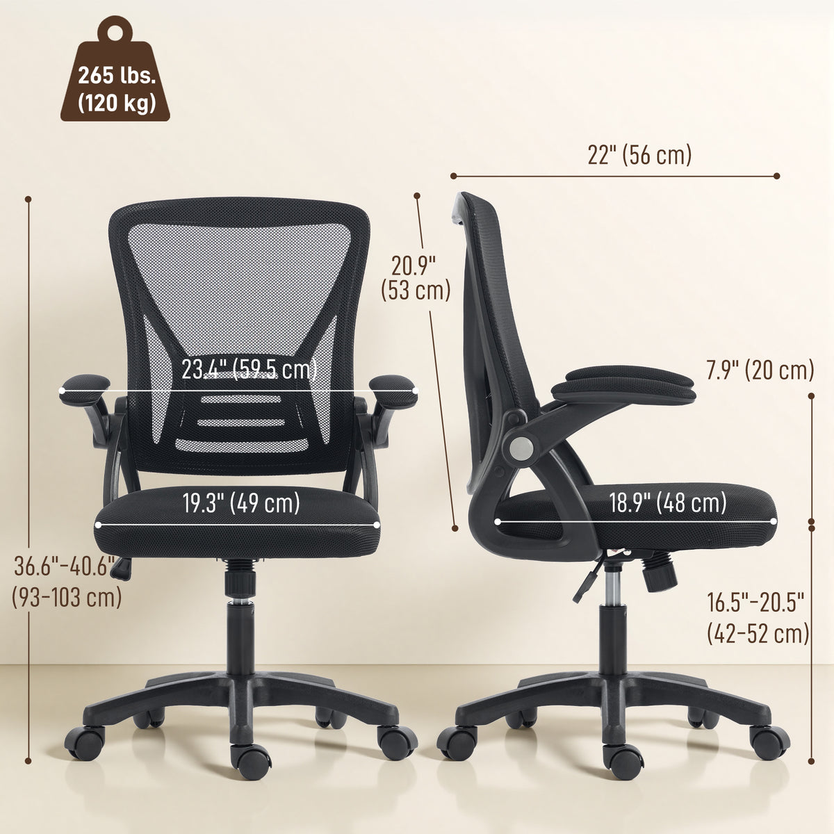 Ergonomic Office Chair, Mesh Desk Chair with Flip-up Armrests, Backrest, Lumbar Support, Adjustable Height, Swivel Wheels, Black