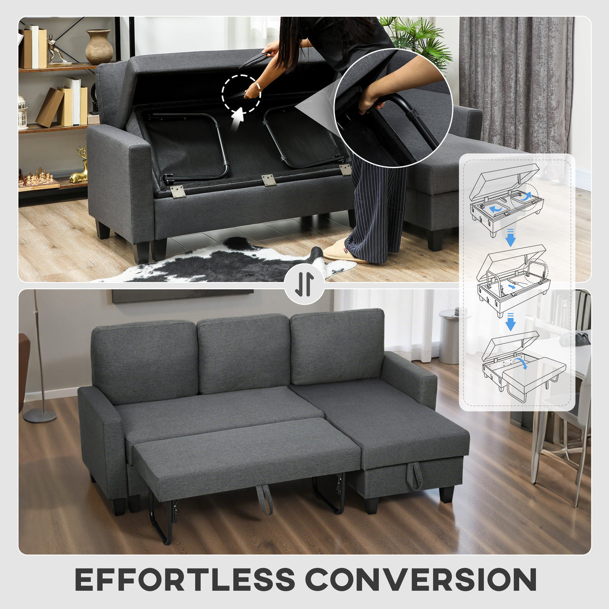 77.6" Sofa Bed, Convertible Pull Out Sleeper Sofa, Linen L Shaped Sectional Couch with Reversible Storage Chaise, Wide and Deep Seat for Living Room, Charcoal Grey