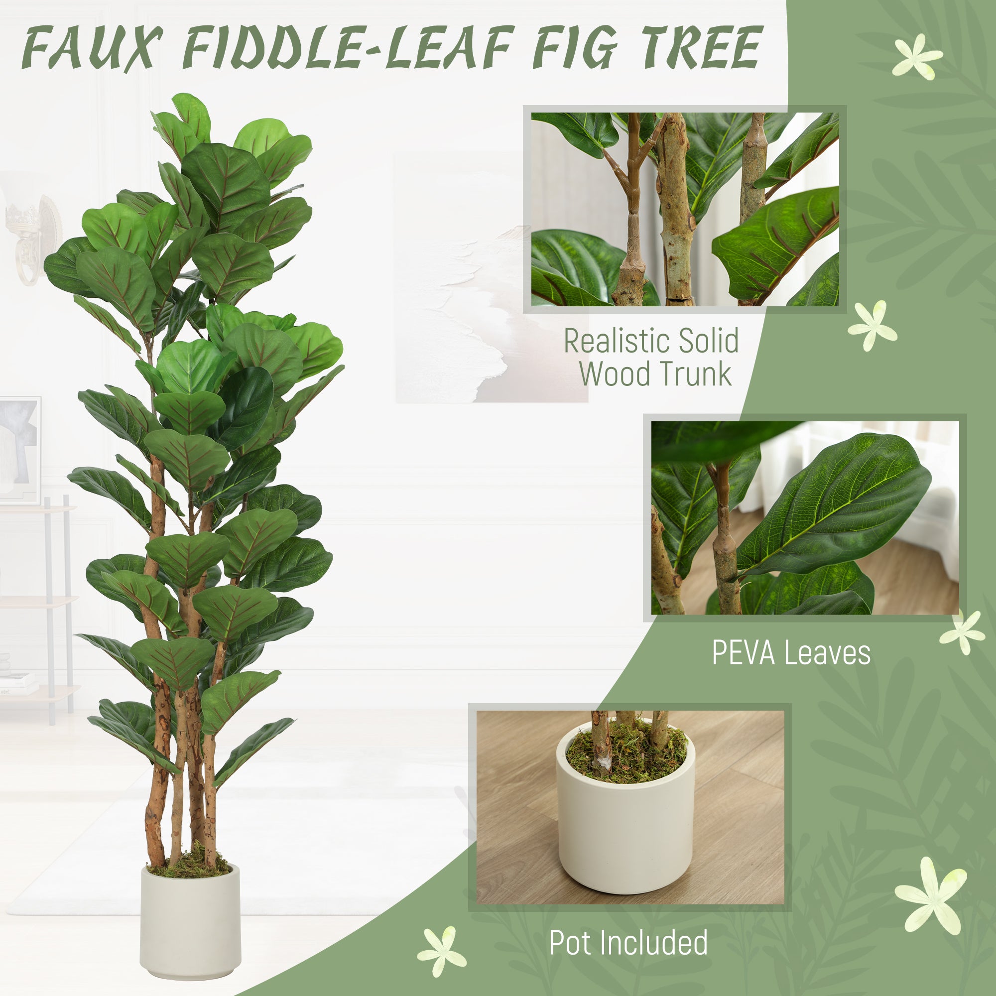 5FT Artificial Fiddle Leaf Fig Tree Set of 2 with Solid Wood Trunks, Lifelike Fake Tree with 71 Leaves in Pot for Indoor Living Room Office Home Decor, Green