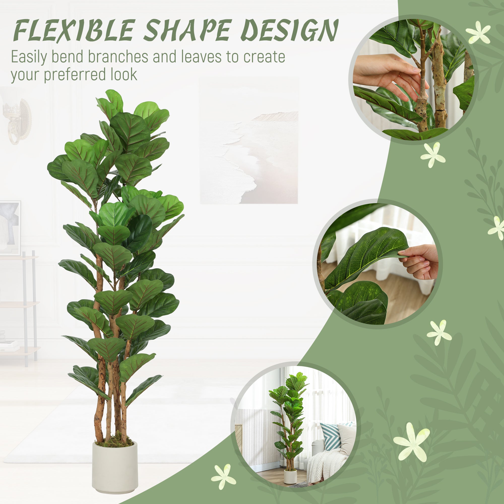 5FT Artificial Fiddle Leaf Fig Tree Set of 2 with Solid Wood Trunks, Lifelike Fake Tree with 71 Leaves in Pot for Indoor Living Room Office Home Decor, Green