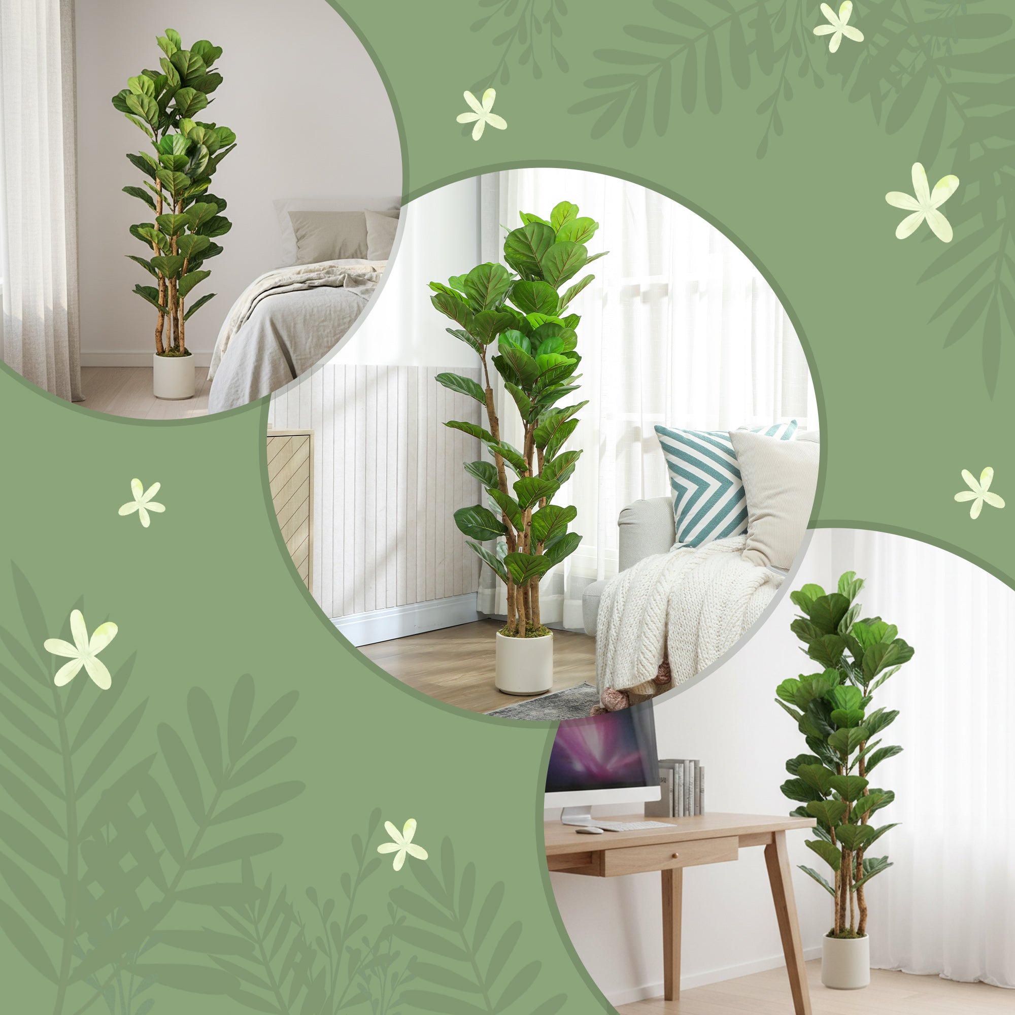 5FT Artificial Fiddle Leaf Fig Tree Set of 2 with Solid Wood Trunks, Lifelike Fake Tree with 71 Leaves in Pot for Indoor Living Room Office Home Decor, Green