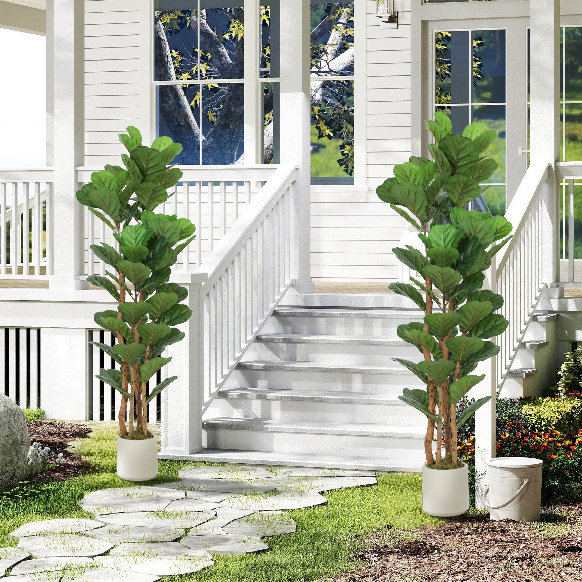 5FT Artificial Fiddle Leaf Fig Tree Set of 2 with Solid Wood Trunks, Lifelike Fake Tree with 71 Leaves in Pot for Indoor Living Room Office Home Decor, Green