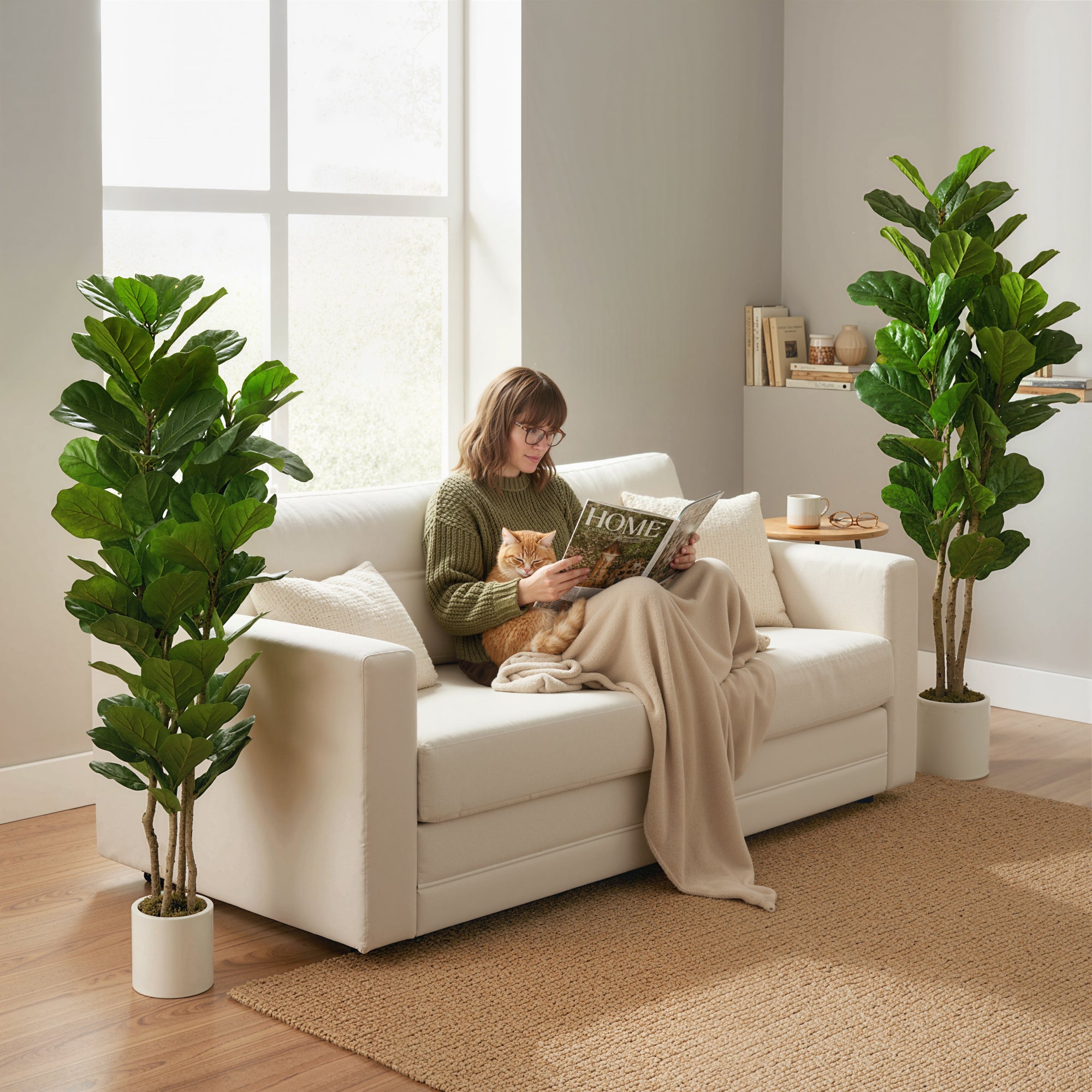 5FT Artificial Fiddle Leaf Fig Tree Set of 2 with Solid Wood Trunks, Lifelike Fake Tree with 71 Leaves in Pot for Indoor Living Room Office Home Decor, Green