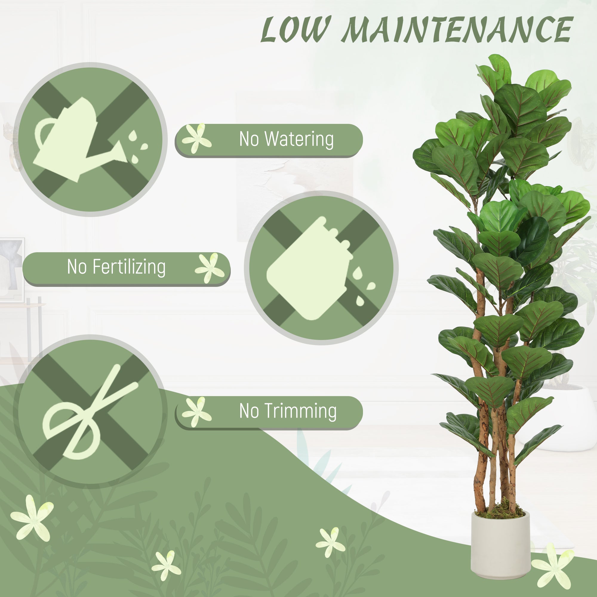5FT Artificial Fiddle Leaf Fig Tree Set of 2 with Solid Wood Trunks, Lifelike Fake Tree with 71 Leaves in Pot for Indoor Living Room Office Home Decor, Green