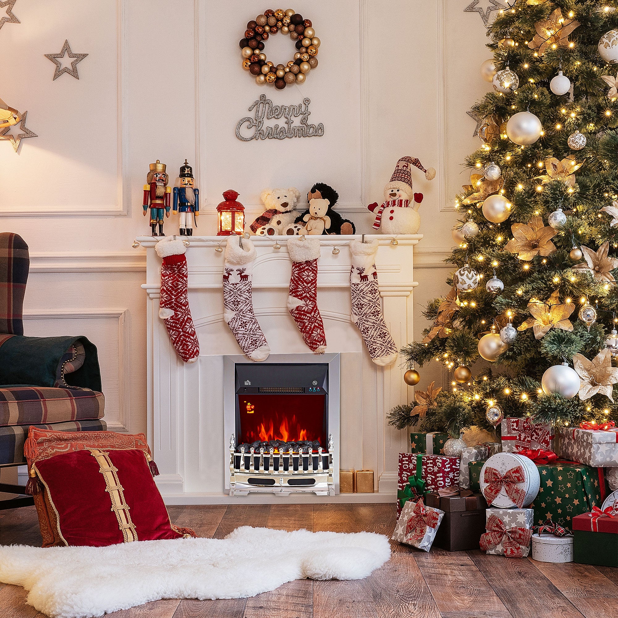 Contemporary Electric Fireplace Coal Burning Flame Effect Inset Fire Place Space Heater Glass View LED Lighting with Remote Control, 1000W/2000W, Silver