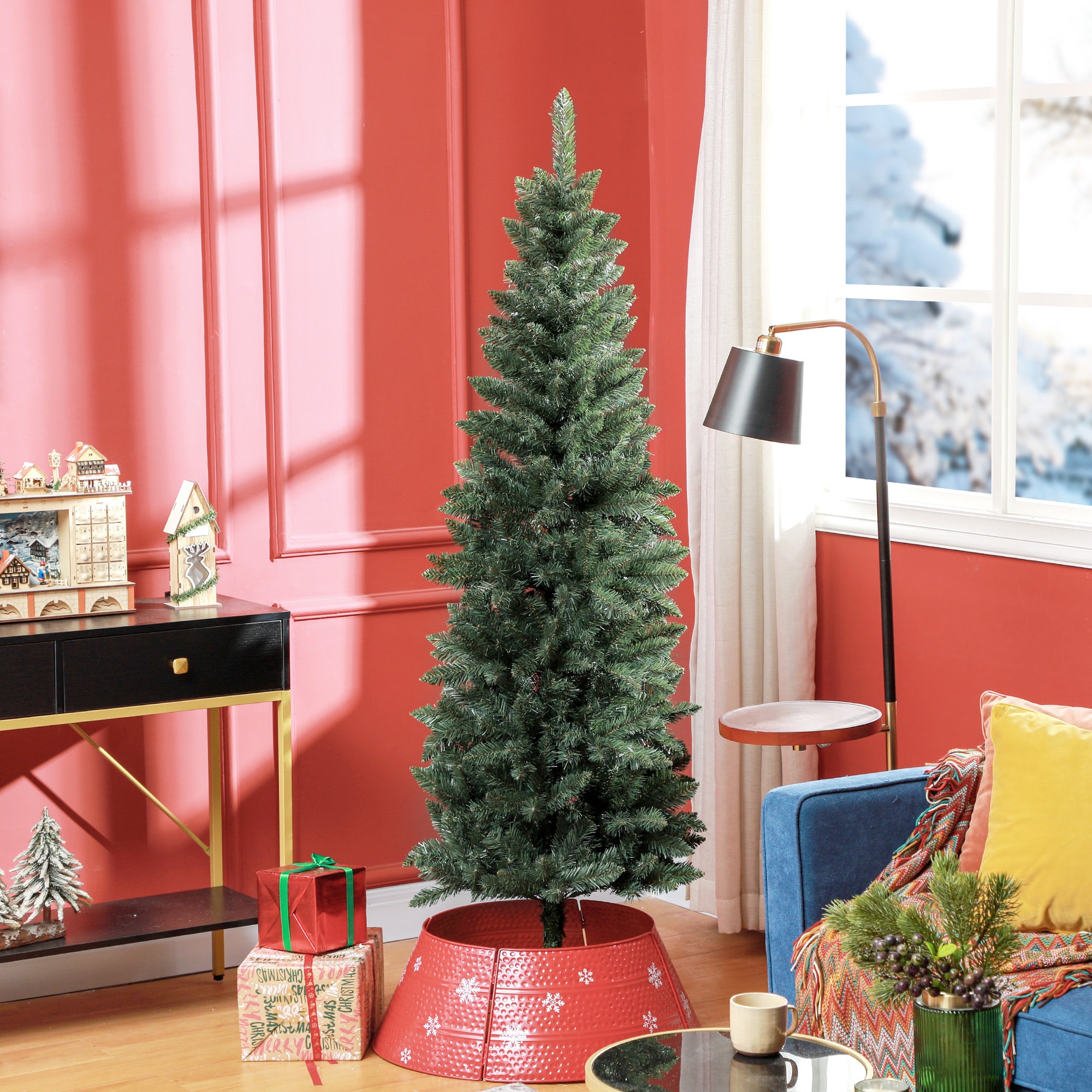 HOMCOM 6ft Tall Pencil Christmas Tree, Artificial Xmas Tree with 479 Branch Tips and Steel Base, Holiday Décor for Home Office, Green