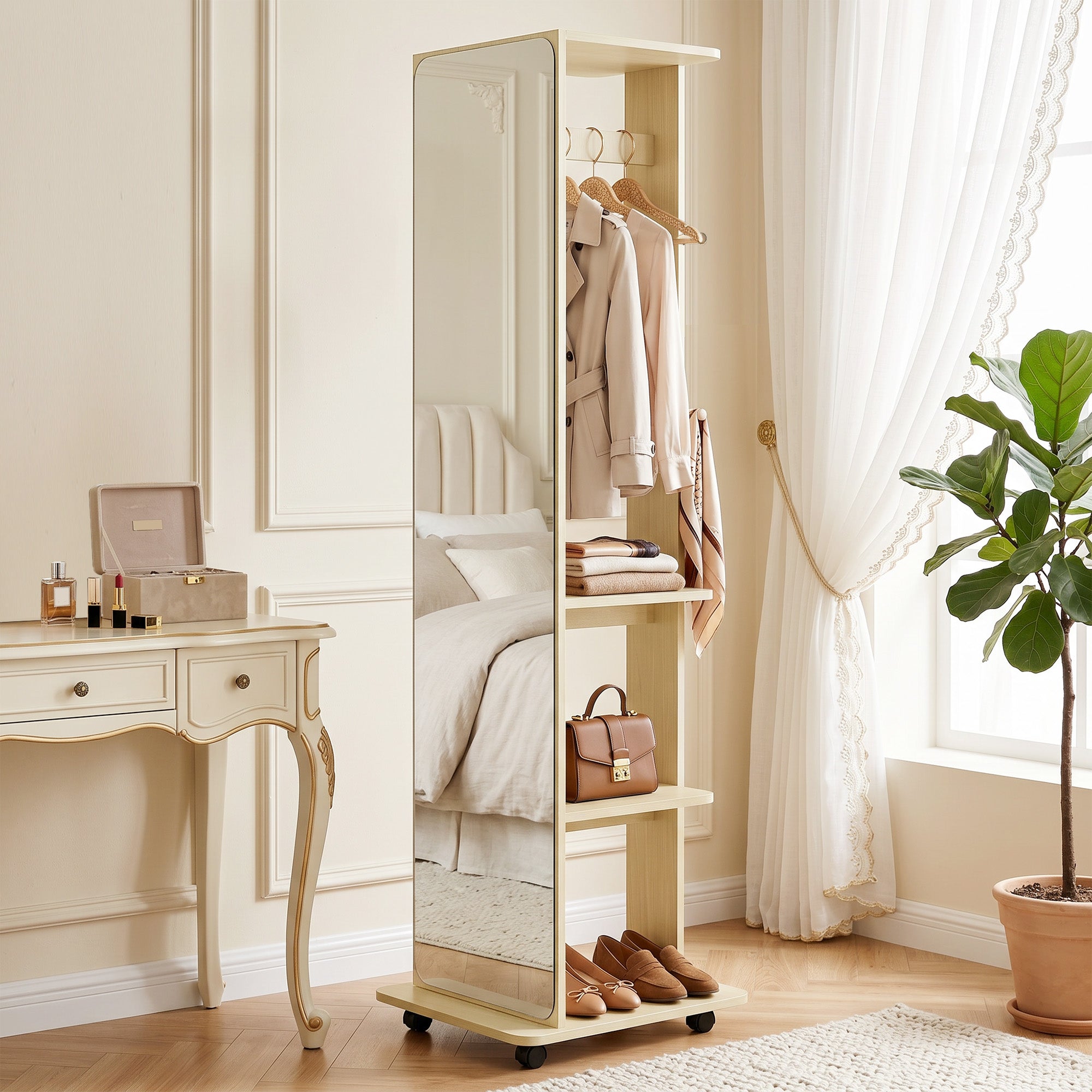 15" x 62" Full Length Mirror, Tempered Glass Floor Mirror on Wheels with Storage Shelves, Coat Hangers for Bedroom, Living Room, Natural Wood
