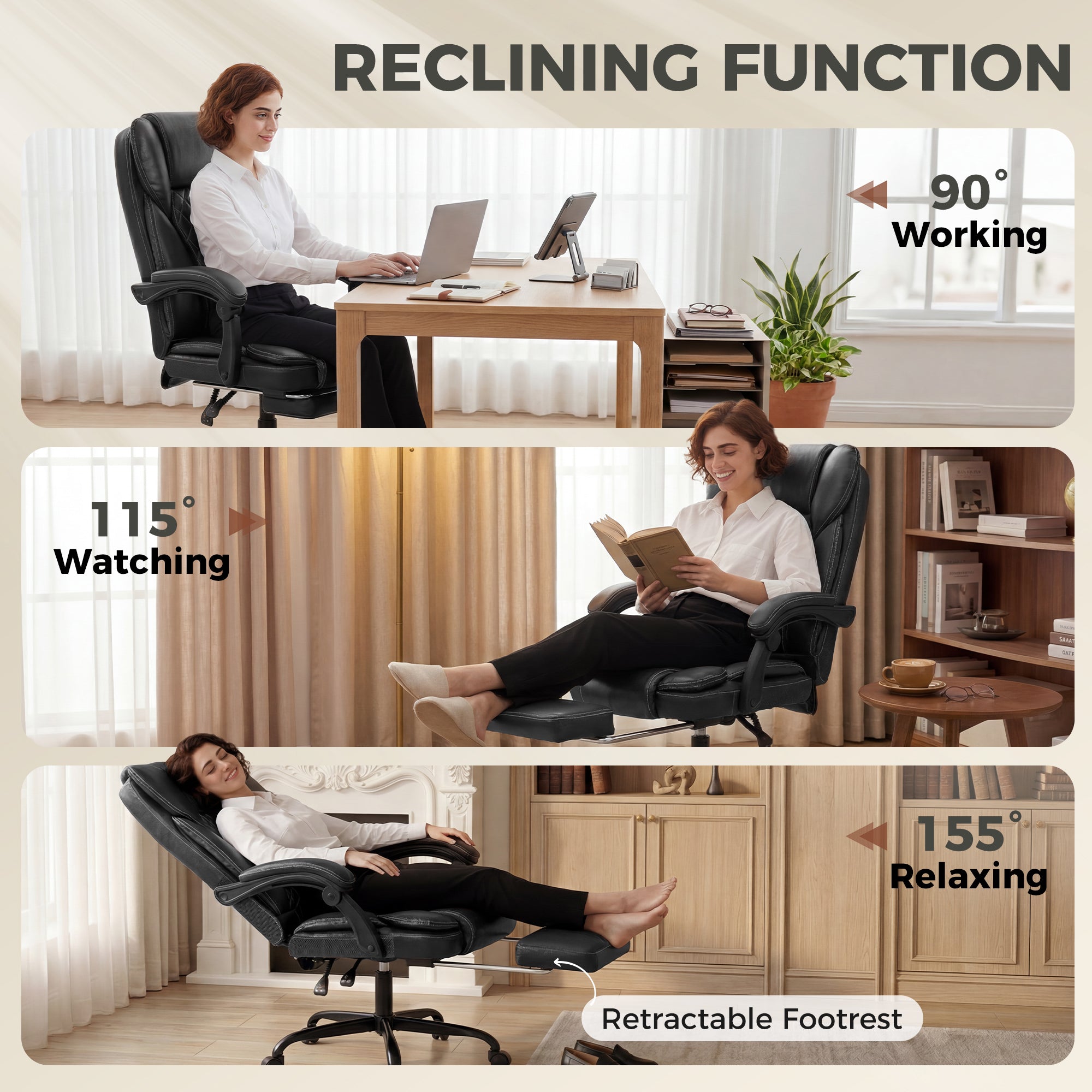 High-Back Executive Home Office Chair, PU Leather Computer Desk Chair with 360 Degree Swivel, Reclining Function, Retractable Footrest and Adjustable Height, Black