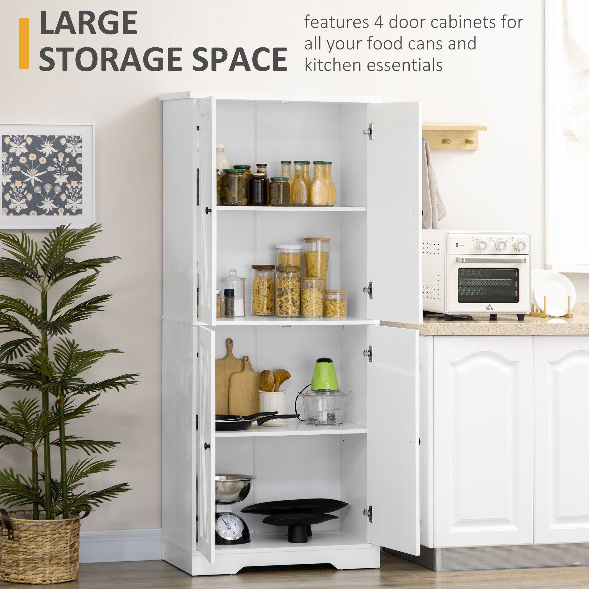 HOMCOM 71" Tall Kitchen Pantry, Farmhouse Storage Cabinet with Doors and Shelves Adjustability, 4 Door Kitchen Cupboard with 4 Tiers, White