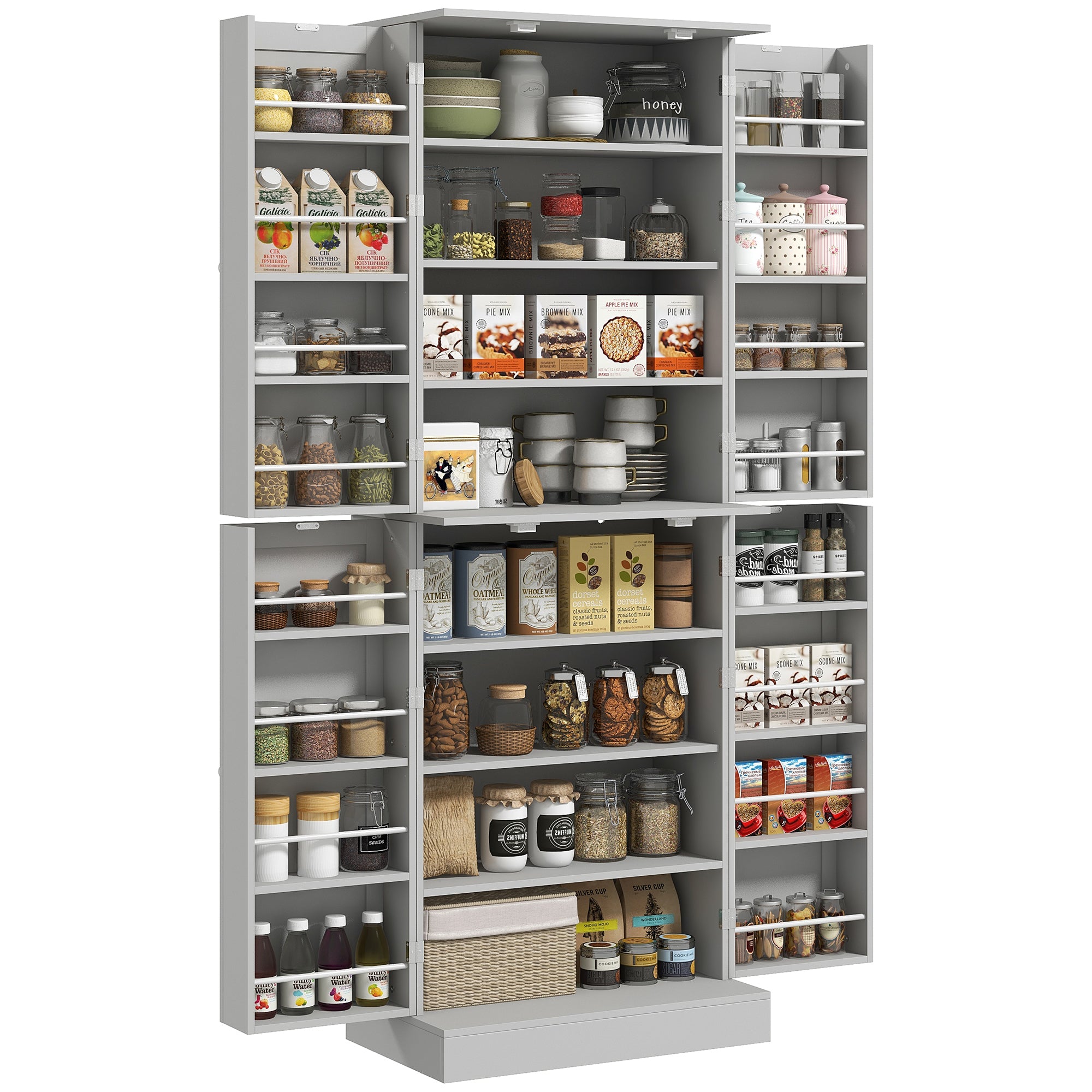 65" Kitchen Cabinet, Kitchen Pantry Cabinet with 4 Doors and 16 Door Shelves for Dining Room, Gray