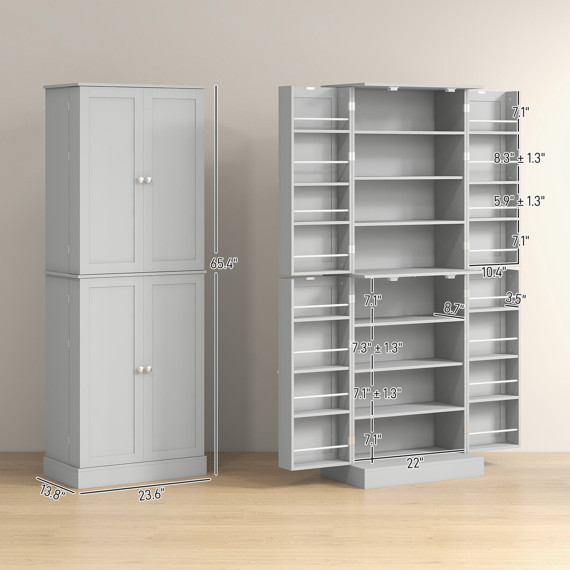 65" Kitchen Cabinet, Kitchen Pantry Cabinet with 4 Doors and 16 Door Shelves for Dining Room, Gray