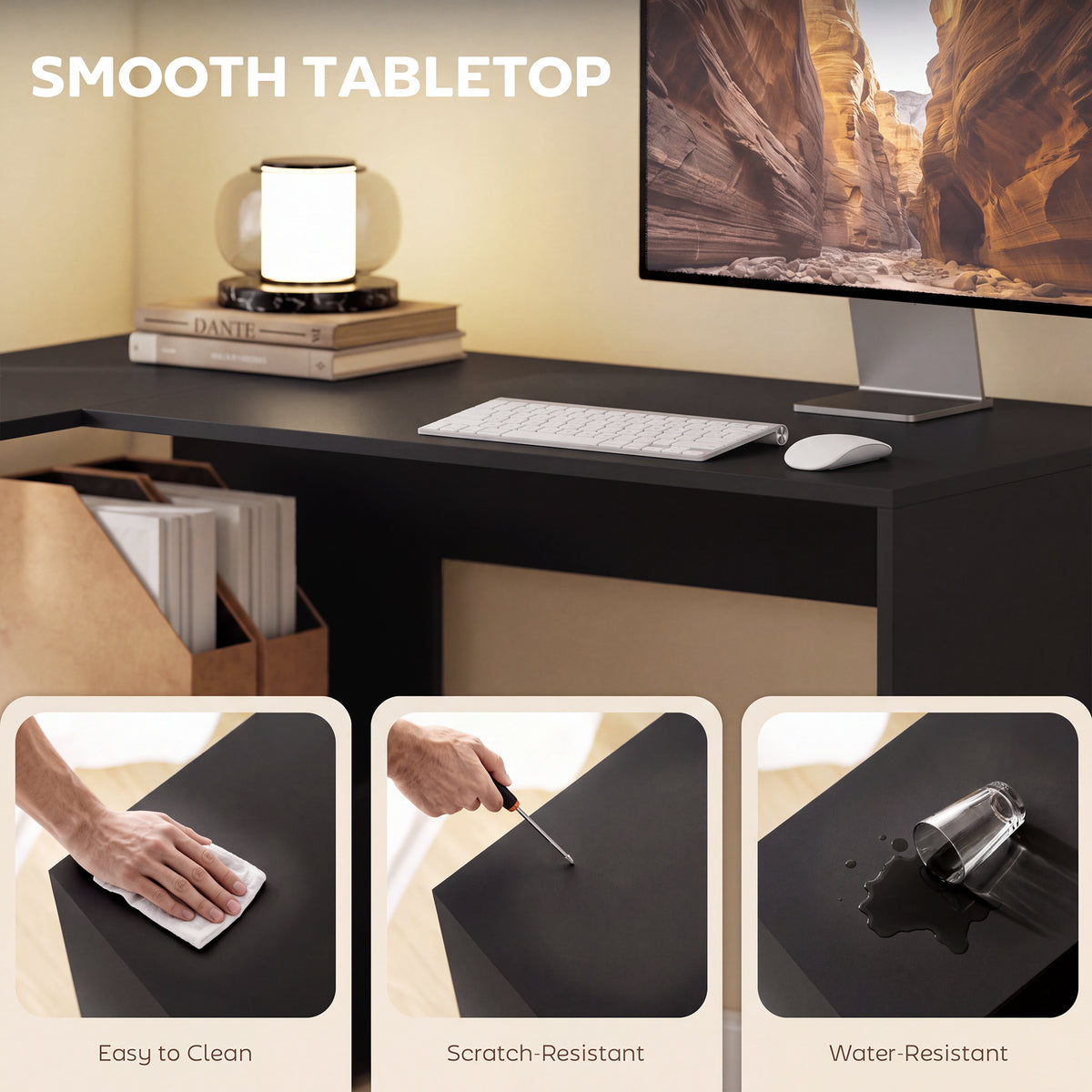 110 cm L-Shaped Desk, Small Computer Desk with Fabric Drawer and Storage Shelves for Home Office, Study, Black
