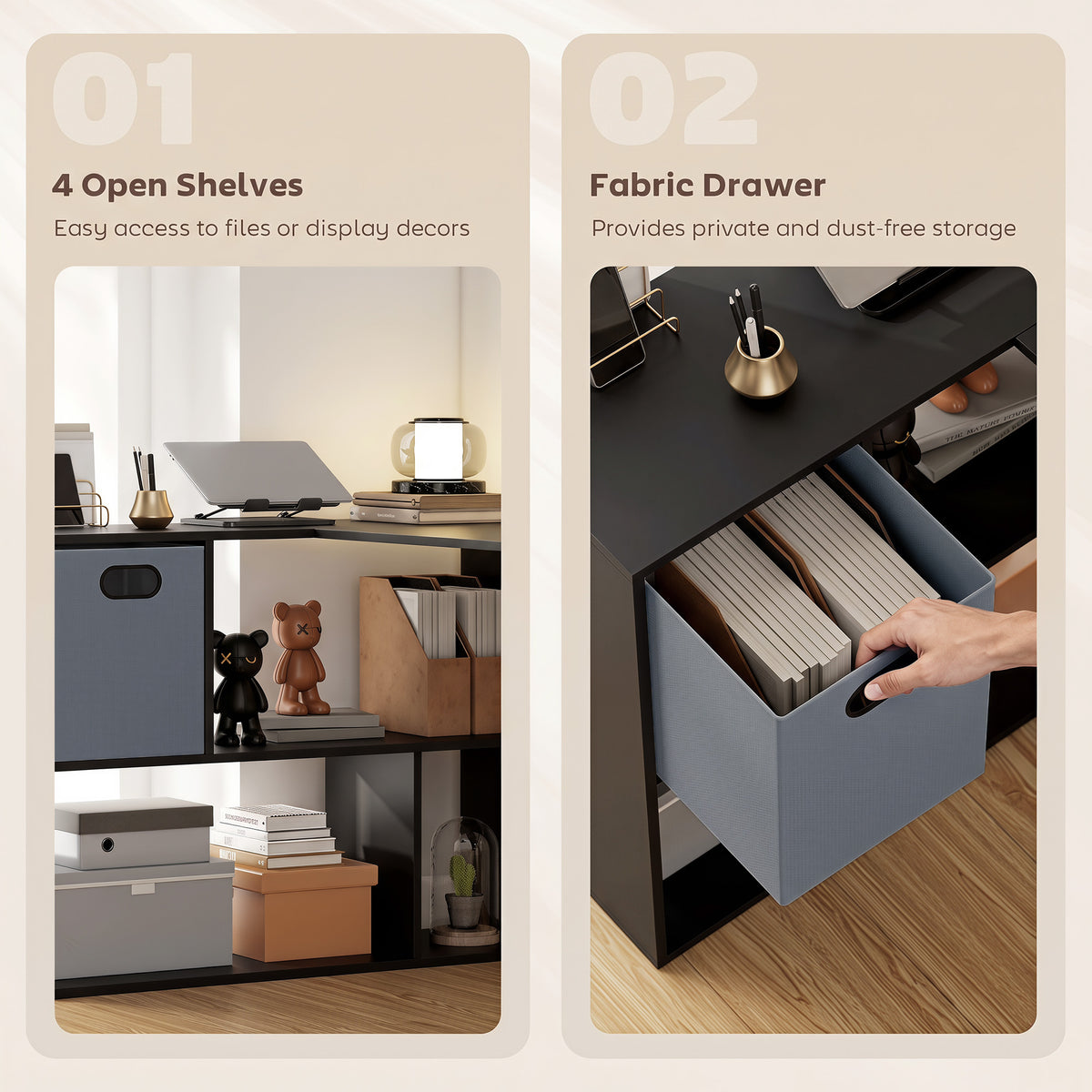 110 cm L-Shaped Desk, Small Computer Desk with Fabric Drawer and Storage Shelves for Home Office, Study, Black