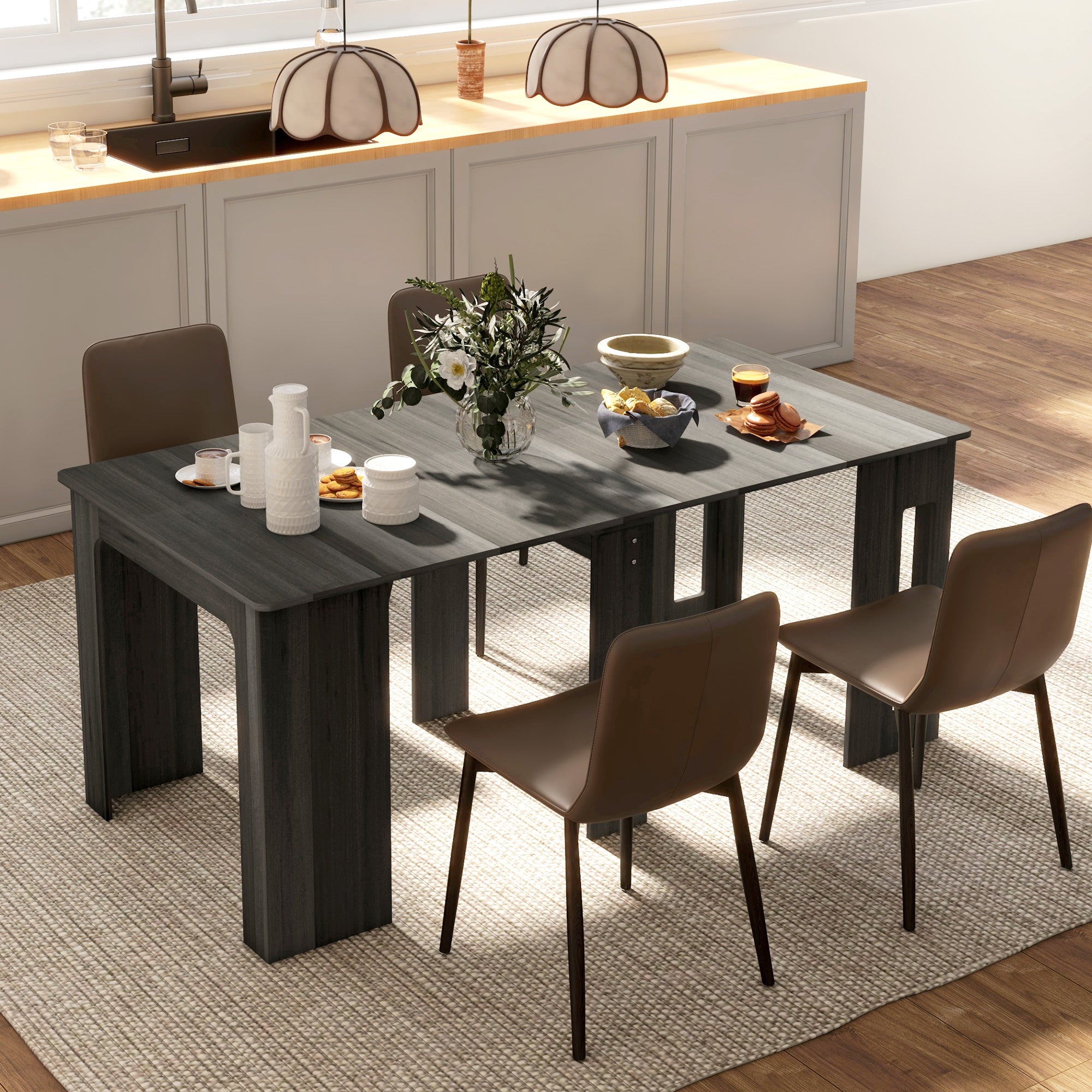 HOMCOM Foldable Table, Extendable Dining Table, Kitchen Table for Small Spaces, Seats up to 6 People, Grey